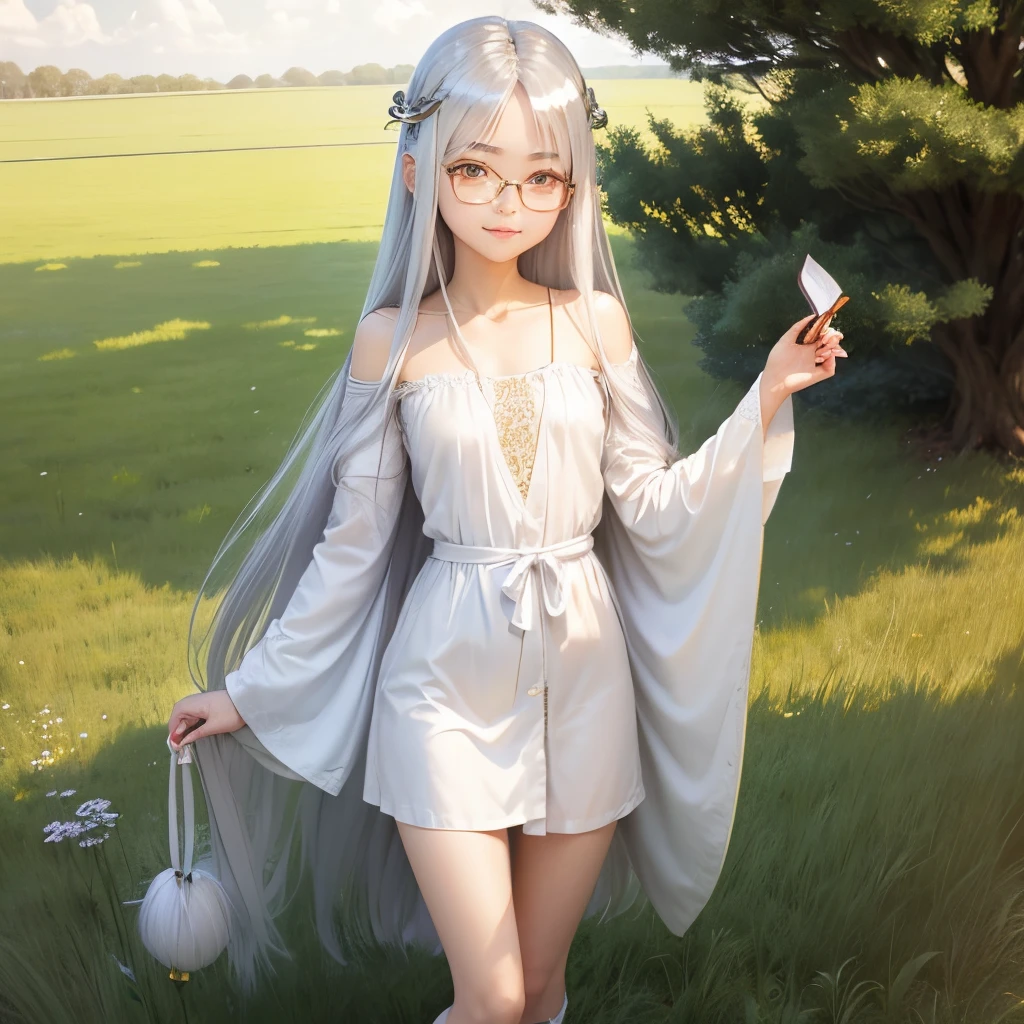 Long silver hair、hime-cut、Golden Eyes、eye glasses、ssmile、early teenage girls、flat chest、Thin pubic hair、Beautiful open legs、bath robe、grass field