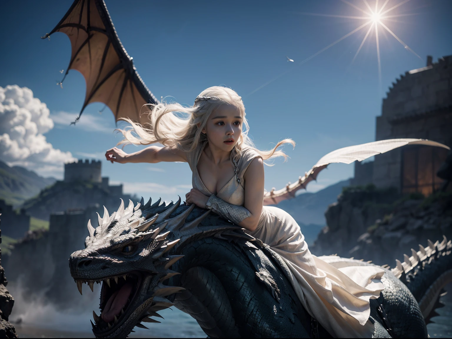 A princess wearing a white dress with beautiful white hair is flying in the sky on a dragon, (flying dragon: 1.3), ((game of thrones)) High fidelity Photograph, Movie-like tone and manner, Dynamic screen composition, Highest Quality, 4k quality, (Anamorphic lens flare), ultra wide angle