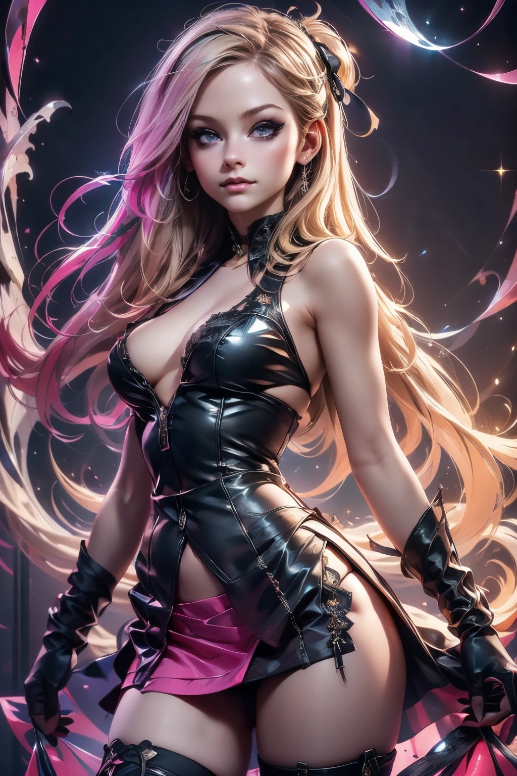 (masterpiece, best quality, hires, high resolution:1.2), (extremely detailed, intricate details, highres), 1girl, solo, twin tail hair, hair ribbons, light smile, blush, freckles, eyeliner, eyeshadow, eyelashes, wearing red and black striped corset, lace mini skirt, and thigh-high boots, (small breasts, thick thighs, wide hips), head toward the camera, spring, (cinematic lighting, sunlight, volumetric), looking at viewer, star field behind, from below, close-up shot