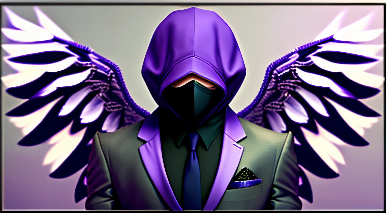 Man in black and purple 3 set suit, with wings covering face