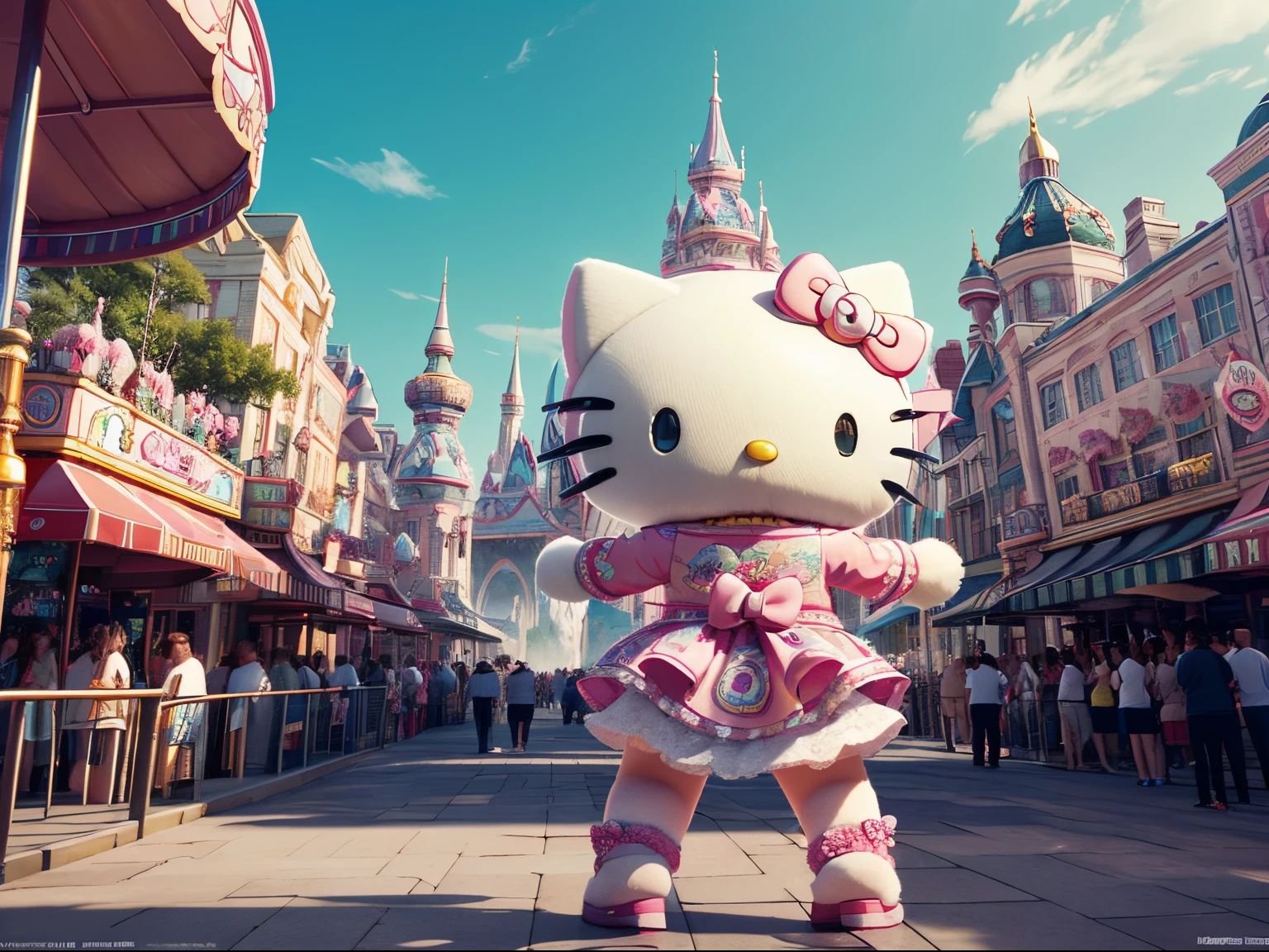 best quality, 4K wallpaper, masterpiece, extremely detailed CG unity 8k wallpaper, extremely detailed eyes, ultra-detailed, intricate details, fantasy, (h1c4tt3ch theme park), hello kitty themed amusement park, crowds, ferris wheel, wide shot, from the back