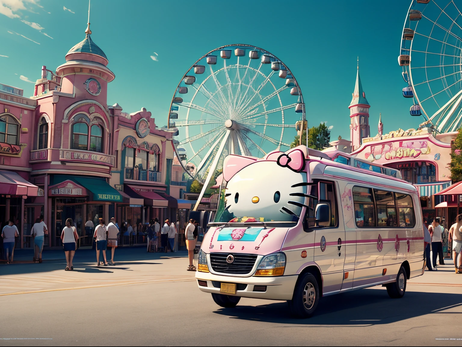 best quality, 4K wallpaper, masterpiece, extremely detailed CG unity 8k wallpaper, extremely detailed eyes, ultra-detailed, intricate details, fantasy, (h1c4tt3ch theme park), hello kitty themed amusement park, crowds, ferris wheel, wide shot, from the back