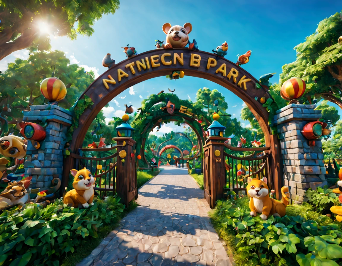 (nature theme park), plant sculpture front park gate, nature style, (best composition), ultra-wide-angle, octane render, enhance, intricate, (best quality, masterpiece, Representative work, official art, Professional, unity 8k wallpaper:1.3)