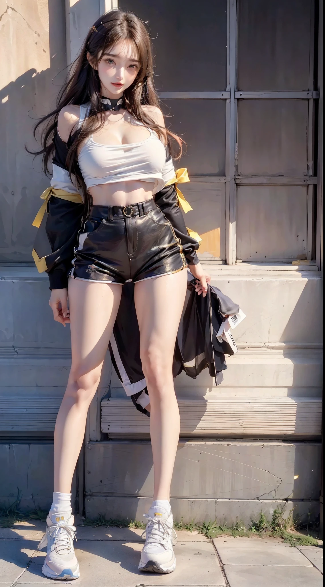realistic, 1gril, per HD, 12k, wearing Allstars shoes, slim body, rather big body, six pack body, big round breasts, no clothes, beautiful breasts, looking at the camera, sitting on the sofa, long black hair, facial details, detailed person, body details, clothing details, hair details, body details, body details, breast details, vagina details, clothes, eye details, sweat details, water details, pose (knees bent and legs wide apart) whole body