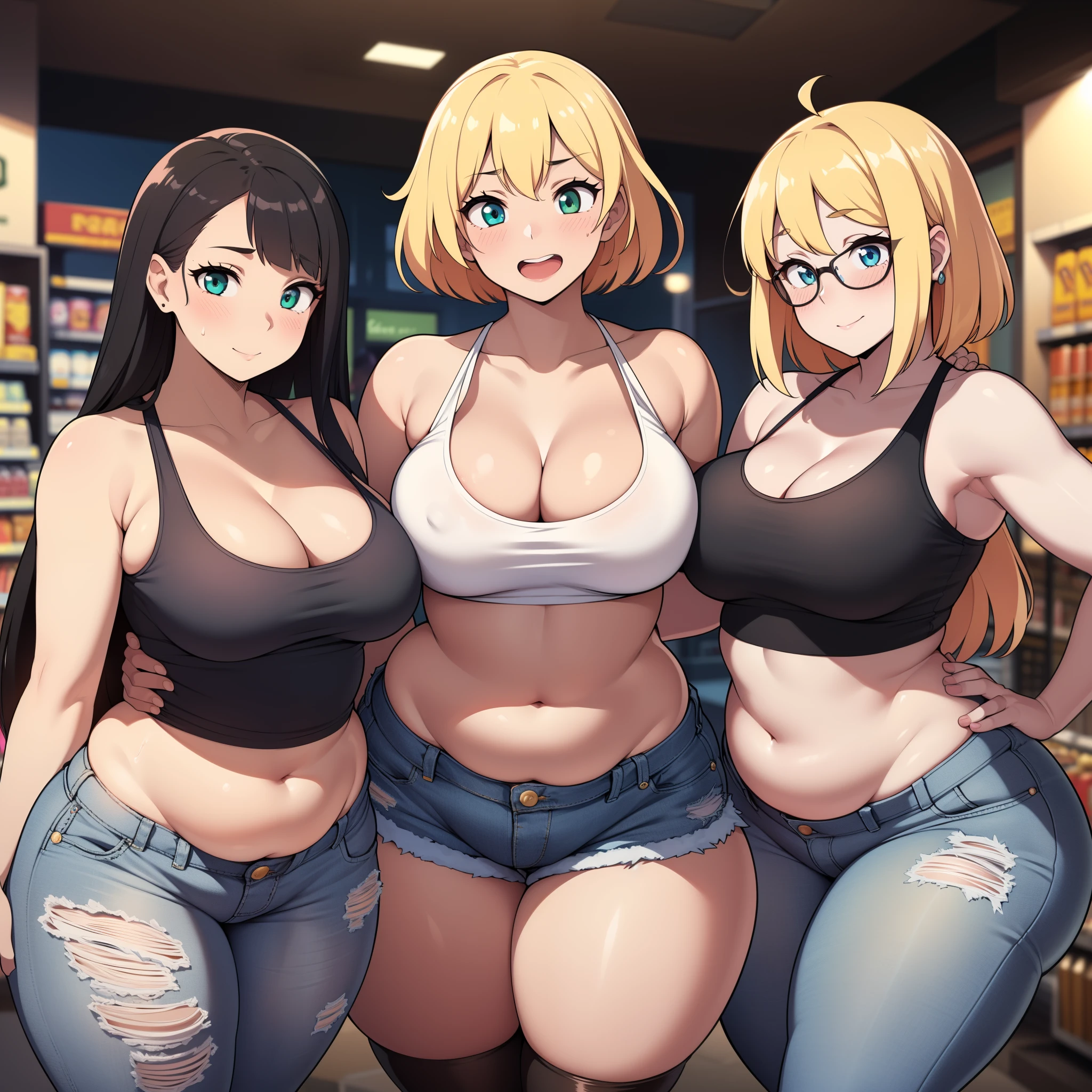 ((high res)), (Masterpiece), perfect ???????, perfect shading, field of depth, (best quality), extremely delicate and beautiful, perfect lighting, detailed face, ultra cute face, cute, (cowboy shot 1.2), full body, (((2girls))), ((2 girls 1 and 2))

Girl 1: has long hair, fluffy hair, blonde hair, blue eyes, (blush), embarrassed, (crop top 1.2), (jean shorts 1.2), extremely tight clothes, ??????????????, cleavage, perky ???????, ((wide ????)), (thick thighs), (chubby), pudgy belly, fat rolls, belly hang,

Girl 2: has short hair, fluffy hair, black hair, green eyes, pale skin, (blush), aroused, seductive smile, (white tank top 1.2), (jeans 1.2), extremely tight clothes, ??????????????, cleavage, perky ???????, (((wide ????))), ((thick thighs)), (plump), chubby belly, fat rolls, belly hang, she has a jiggly belly,

grocery store, intricate background, detailed background, girls are standing next to each other,