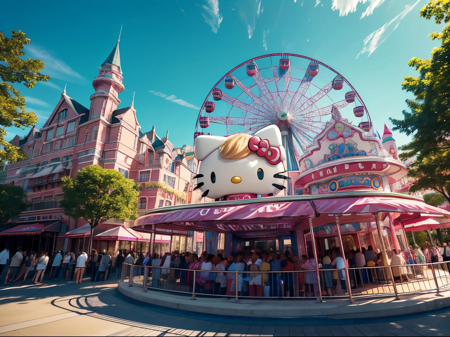 best quality, 4K wallpaper, masterpiece, extremely detailed CG unity 8k wallpaper, extremely detailed eyes, ultra-detailed, intricate details, fantasy, (h1c4tt3ch theme park), hello kitty themed amusement park, crowds, ferris wheel, wide shot, from the back