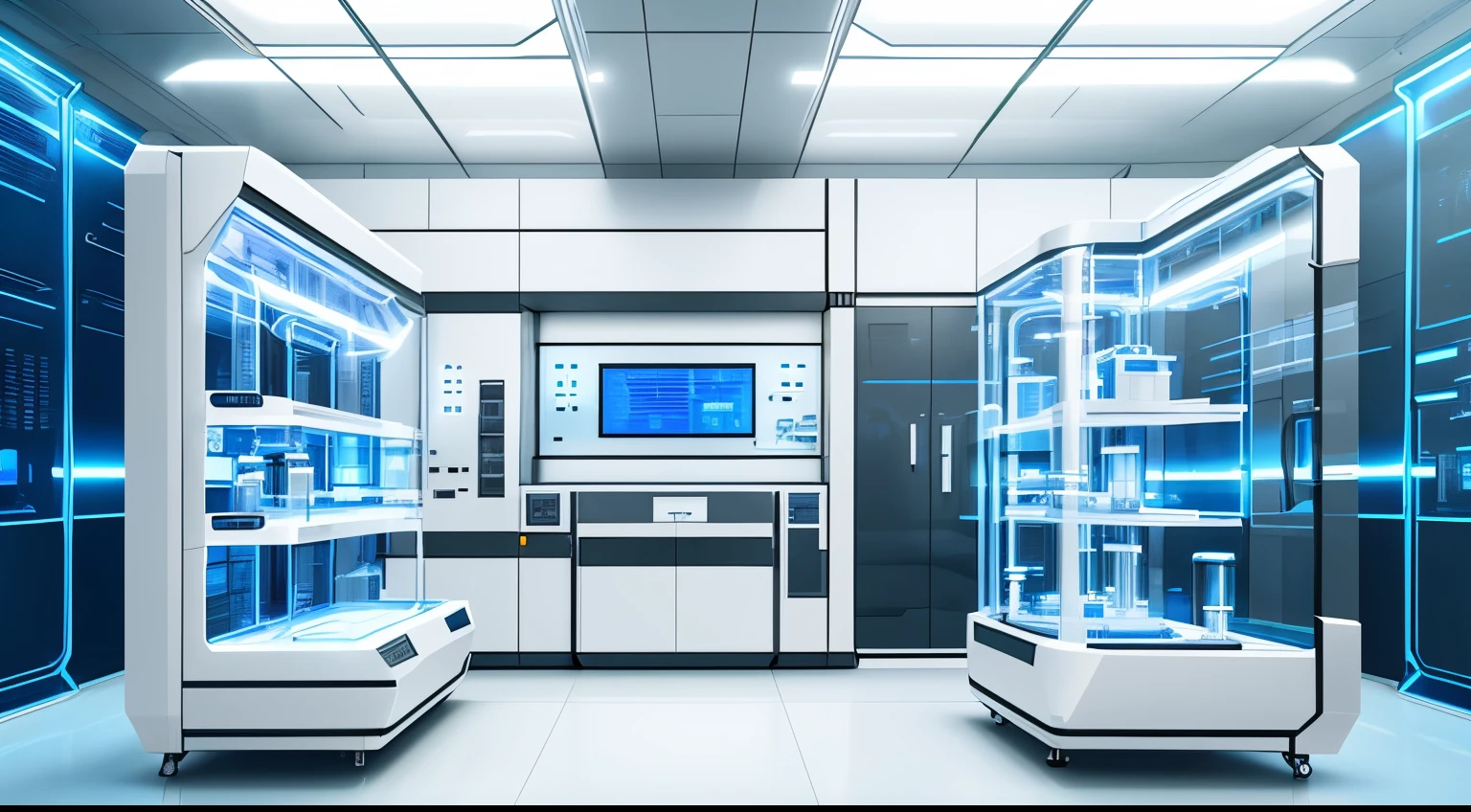 There is a machine inside the glass cabinet, futuristic laboratory, futuristic scientific laboratory, futuristic production facility, in the laboratory of the future, futuristic chemistry lab, Future cloning facility, The interior of a huge factory, a digital rendering, futuristic setting, Depicted as a 3D rendering, robot machinery, clean digital render, Technological machinery, high-tech people