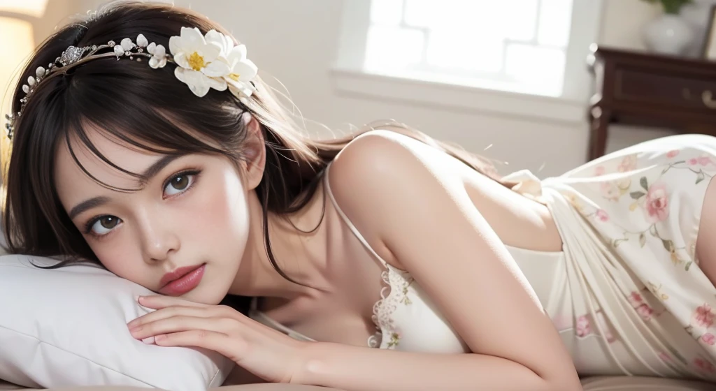 Close-up of a woman lying on bed with flowers in her hair, ((Detailed depiction of a beautiful face))、anime goddess, artwork in the style of guweiz, guweiz, Cute anime waifu in a nice dress, Trending on CGSTATION, beautiful alluring anime woman, Smooth Anime CG Art, Beautiful anime girl, a beautiful fantasy empress, beautiful anime woman, beautiful alluring anime teen、(Blur the background)、(softfocus)、
