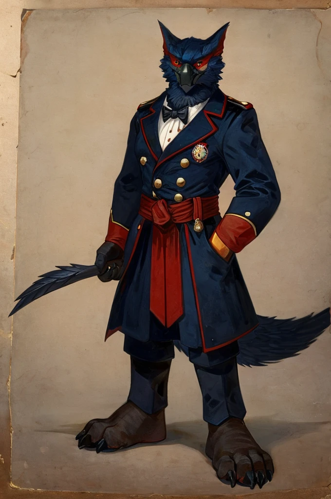 A Nargacuga as a German official posing for a portrait, black-red uniform, fingerless gloves, clawed hands, 1900s photograph, feet, big feet, barefoot, 4 toes, 4 big toes,