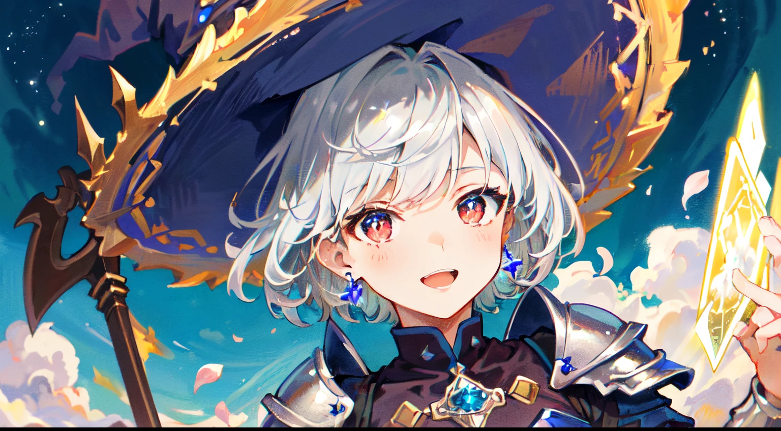 ((Masterpiece:1.2, Best Quality)), 1Girl, Solo, (witch hat), Close-up of a girl with curly hair, one-piece, aurora, natta, sao (sky), glove, sky, one-piece, night sky, Open mouth, starry skies, sky blue eyes, bows, Smile, cape, colorful hair, magia, casting spell, natta, (Impressionism:1.4), Alphonse Mucha, Halloween Colors, Colorful candies, magical lights, pumpkin, candy masterpiece, Best Quality, mature woman,(mixed media):1.2(absurderes, absolute solution, Incredibly Absurd, high resolucion, reflection, refraction:1.4, The ultra-detailliert:1.0, Official Art, Unity 8K , (1Girl), (beautifull face, Beautiful red eyes, sparkly skin, Oily Skin:1.3),Middle Ages, (sface focus, Extreme close-up of face:1.3), (dutch angle:1.3), break,Paladin ,(weapons, Red Eyes, Solo, Battle Axe, green sole relief armor, retention, holding weapon, gauntlets, holding a battle ax, (Silver hair, Short hair:1.3), looking up at viewer, petals, bangss, Earrings, White hair, jewellery, armature, closed mouth, shoulder armor, Standing, armored boots, bangss, armor dress, pauldrons:1.3), simple brown clothes, Simple Silver Chestplate, Simple silver shin guards, Fantasy, medieval, in the battle arena, Dynamic Pose, beautiful details glow.((Masterpieces:1.2, Highest quality)), 1girl, solo, , aurora, natta, sao(sky), glove, sky,night sky, Open mouth, starry skies, blue eyess, bows, Sorrisos, cloak, (leaky), dark clouds, natta, (tarot:1.3) ,sacred background