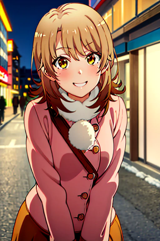 (isshikiIroha:1.5), masterpiece, best quality, absurdres, 1girl, looking at viewer, standing, upper body, outdoors, street, city, snow, turtleneck, pink sweater, evil smile, grin, leaning forward, gloves, night