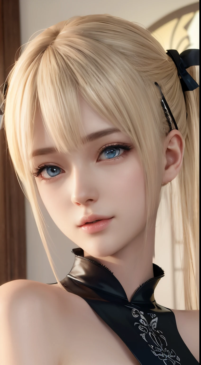 ​Marie rose, Blonde hair, Hime-cut hair, masterpiece, 1 beautiful girls, detailed, Swollen eyes, top-quality, 超A high resolution, (Realistis: 1.4), Original Photographs, 1girl in, 电影灯光, (A smile:0.6), Japanese, Asian Beauty, Korean, Proper, very extremely beautiful, Slightly younger face, Beautiful white skins, Slender big, Black sweater、 (A hyper-realistic), (illustration), (high resolution), (8K), (Highly detailed), (The best illustrations), (beautifully detailed eyes), (ultra-detailer), (wall-paper), (详细的脸), looking at the viewers, fine detailed, A detailed face, deep-shadows, Unobtrusive, Facing straight ahead, Neat Clothing, Blue colored eyes, Blonde hair, Hime-cut hair,