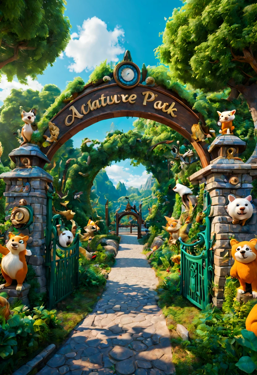 (nature theme park), cute animals sculpture front park gate, nature style, (best composition), ultra-wide-angle, octane render, enhance, intricate, (best quality, masterpiece, Representative work, official art, Professional, unity 8k wallpaper:1.3)