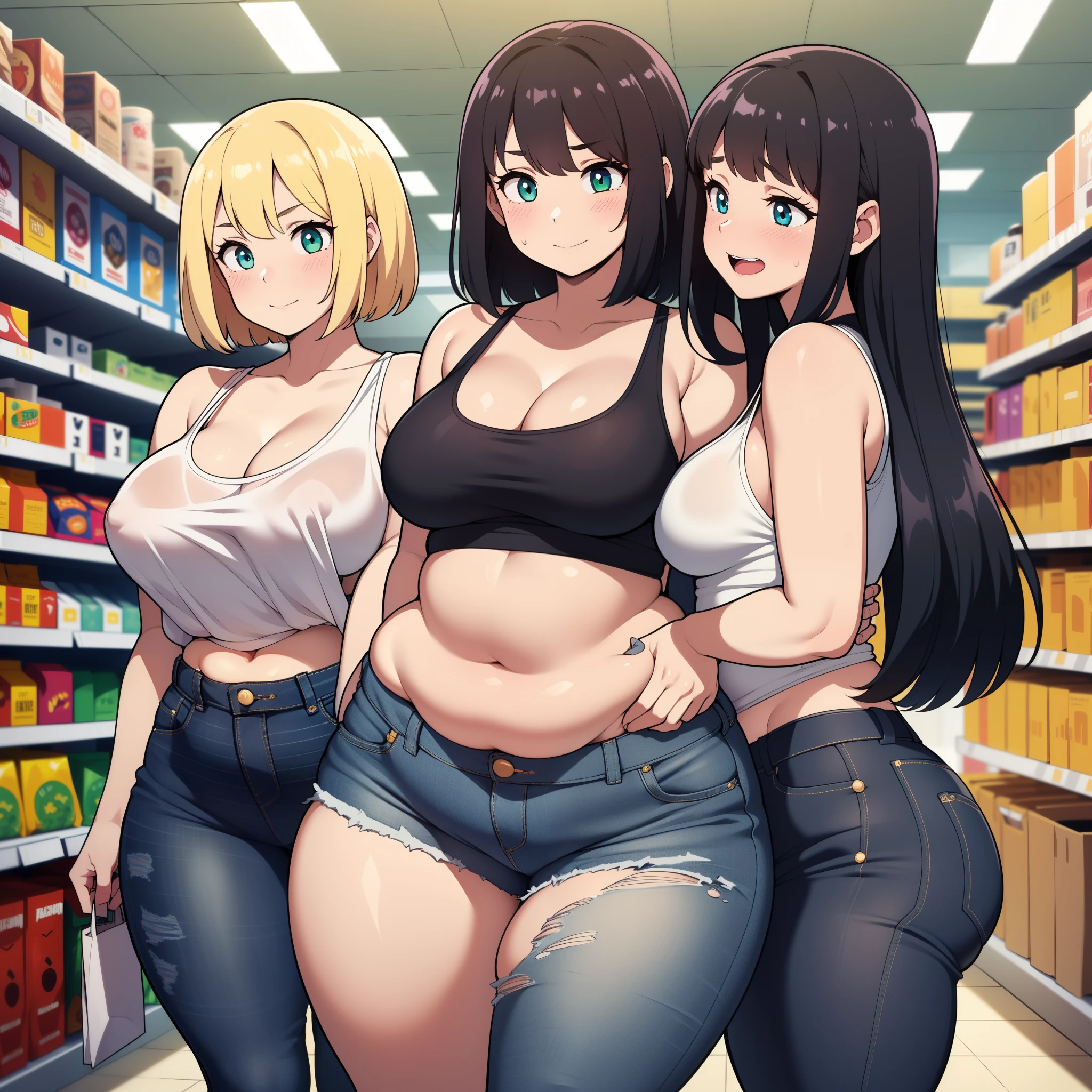 ((high res)), (Masterpiece), perfect anatomy, perfect shading, field of depth, (best quality), extremely delicate and beautiful, perfect lighting, detailed face, ultra cute face, cute, (cowboy shot 1.2), full body, (((2girls))), ((2 girls 1 and 2))

Girl 1: has long hair, fluffy hair, blonde hair, blue eyes, (blush), embarrassed, (crop top 1.2), (jean shorts 1.2), extremely tight clothes, medium breasts, cleavage, perky breasts, ((wide hips)), (thick thighs), (chubby), pudgy belly, fat rolls, belly hang,

Girl 2: has short hair, fluffy hair, black hair, green eyes, pale skin, (blush), aroused, seductive smile, (white tank top 1.2), (jeans 1.2), extremely tight clothes, medium breasts, cleavage, perky breasts, (((wide hips))), ((thick thighs)), (plump), chubby belly, fat rolls, belly hang, she has a jiggly belly,

grocery store, intricate background, detailed background, girls are standing next to each other,