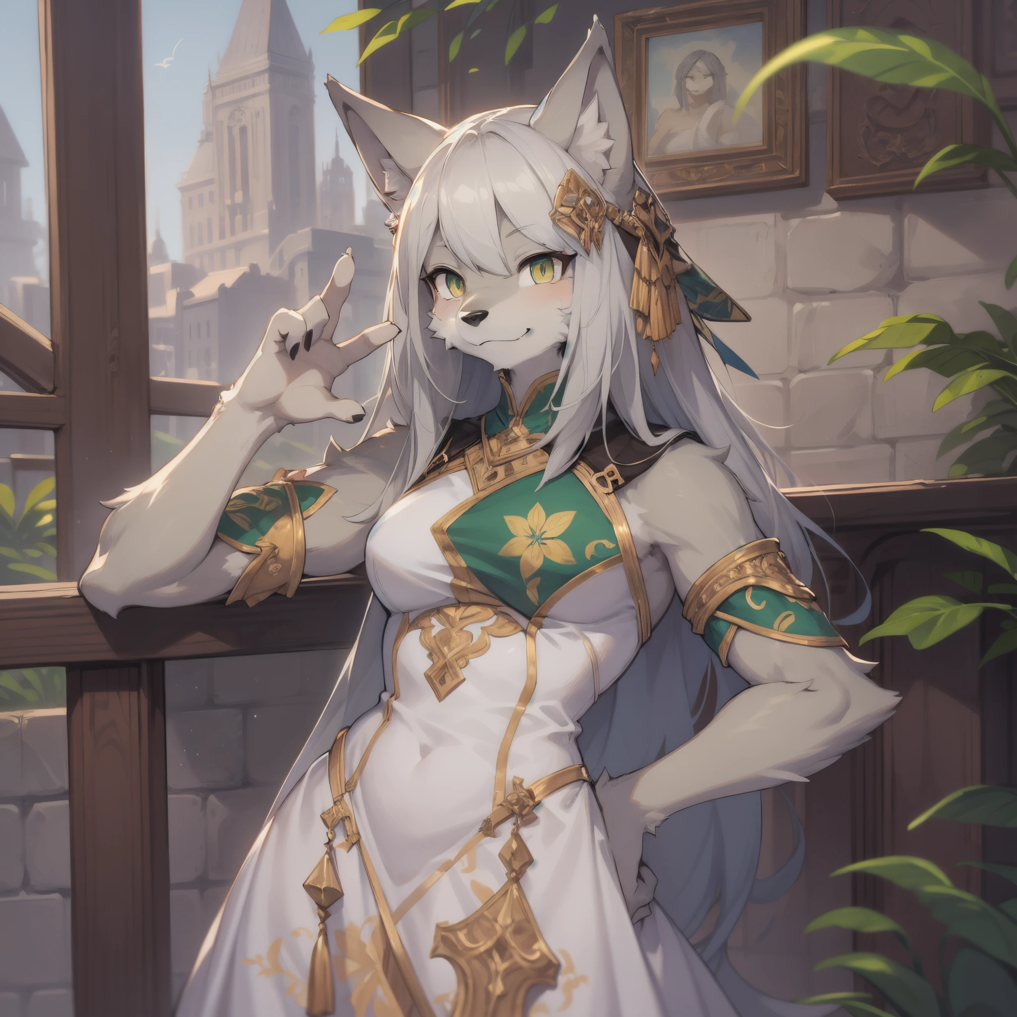 arafed woman in a white dress with green and gold accents,anthro wolf, furry,white wolf, scar,handsome, masterpiece, 8k, nj5furry,masterpiece, best quality, perfect anatomy, bright eyes, detailed background,nj5furry