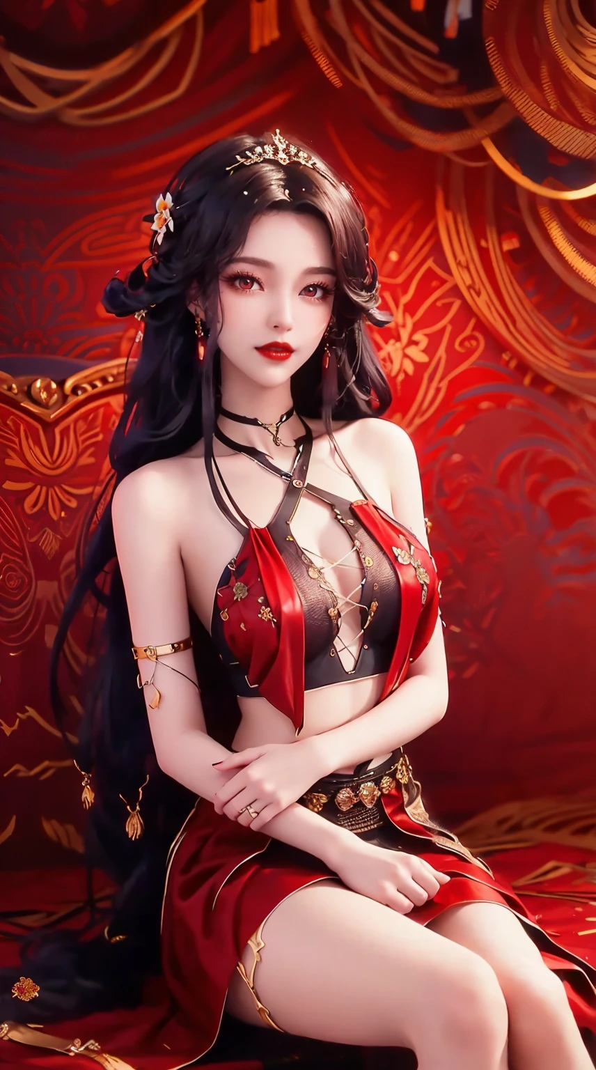 "1 Beautiful girl in traditional clothes, Wearing a bright red traditional Chinese long coat, Mainly red Ao Dai, black chest border,Gold border, Long hair and white bangs, Exquisite hair accessories are the most beautiful, Super cute , The face is beautiful, Sparse eyebrows, flawless and beautiful face, ((Black pupils:0.8)), verybeautifuleyes, ((red eyes:1.4)), Beautiful and detailed eyelashes and very magical makeup, a tall nose, ear nipple ring, Thin lips, Redlip, No smile, beautifullips, rosy face, Clean face, flawless and beautiful face, smooth fair skin, ( Large breasts: 0.9)), Bloom breasts, ((bigger, Round chest): 0.9)), ((super tight breasts: 1.2)), ((breast enhancement: 0.8)), beautiful boobs, sitting down on the floor, Chest facing forward, Pretty girl's upper body, 8k photograph, Super quality, hyper realisitc, 10x super pixels, real photograph, Bright studio, Light border, Dichroic light, skin (high detal): 1.2) , 8K Ultra, gentlesoftlighting, high high quality, Amount of light, actual, figurative, A high resolution, optics, The best photos, 4K, 8K quality, The effect is very blurry, Smooth and sharp, 10 x pixels, extreme light, safe, Super sharp graphics, The most realistic graphics ,((Exterior red flower background: 1.7)), Alone, Alone, Portrait 9: 16, Extremely sharp, hyperrealistic images."