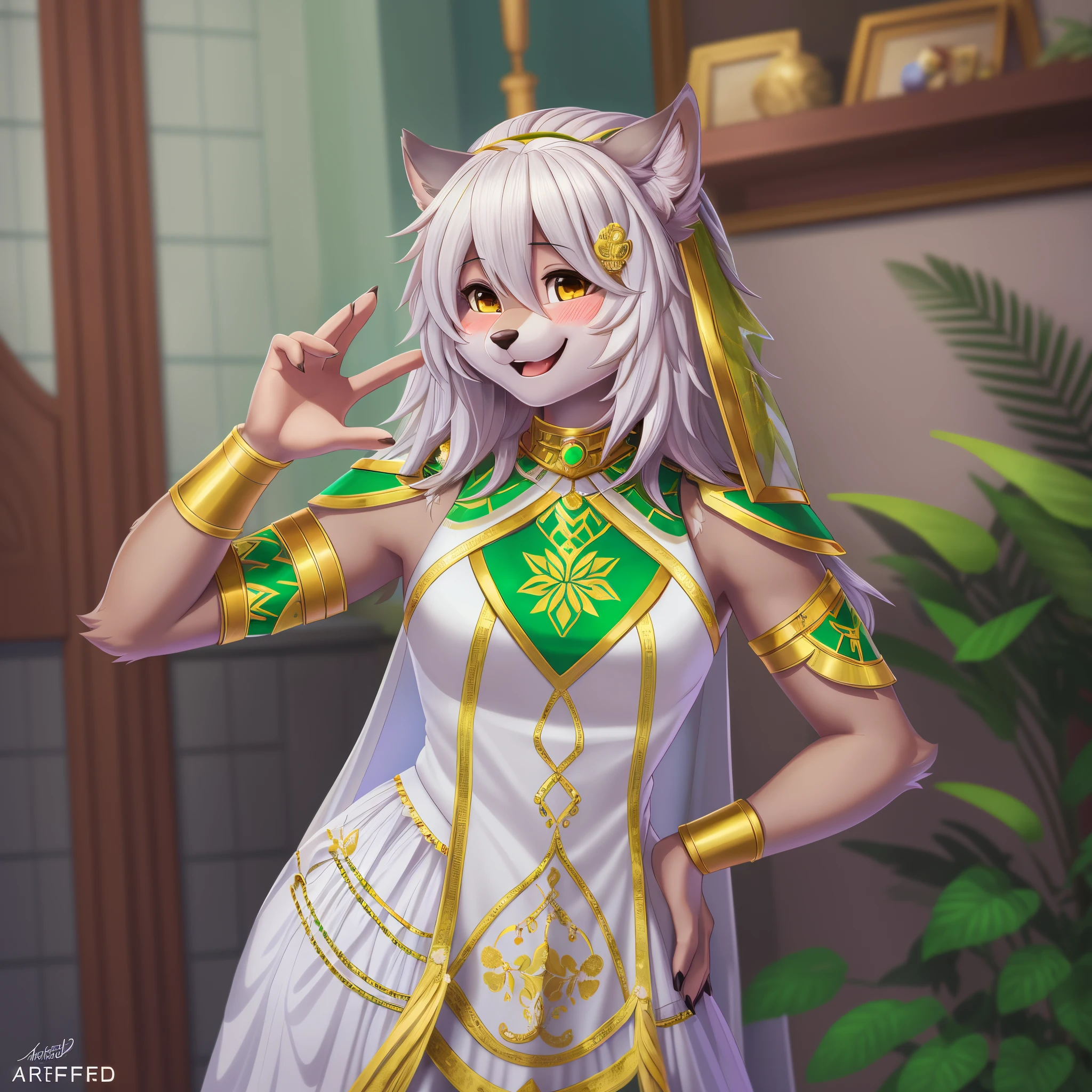 arafed woman in a white dress with green and gold accents,  (wolf), fluffly, furry,  (curvy), accurate tail, slight blush, smiling, happy,highly detailed, high resolution, detailed eyes, detailed hands, detailed background, masterpiece