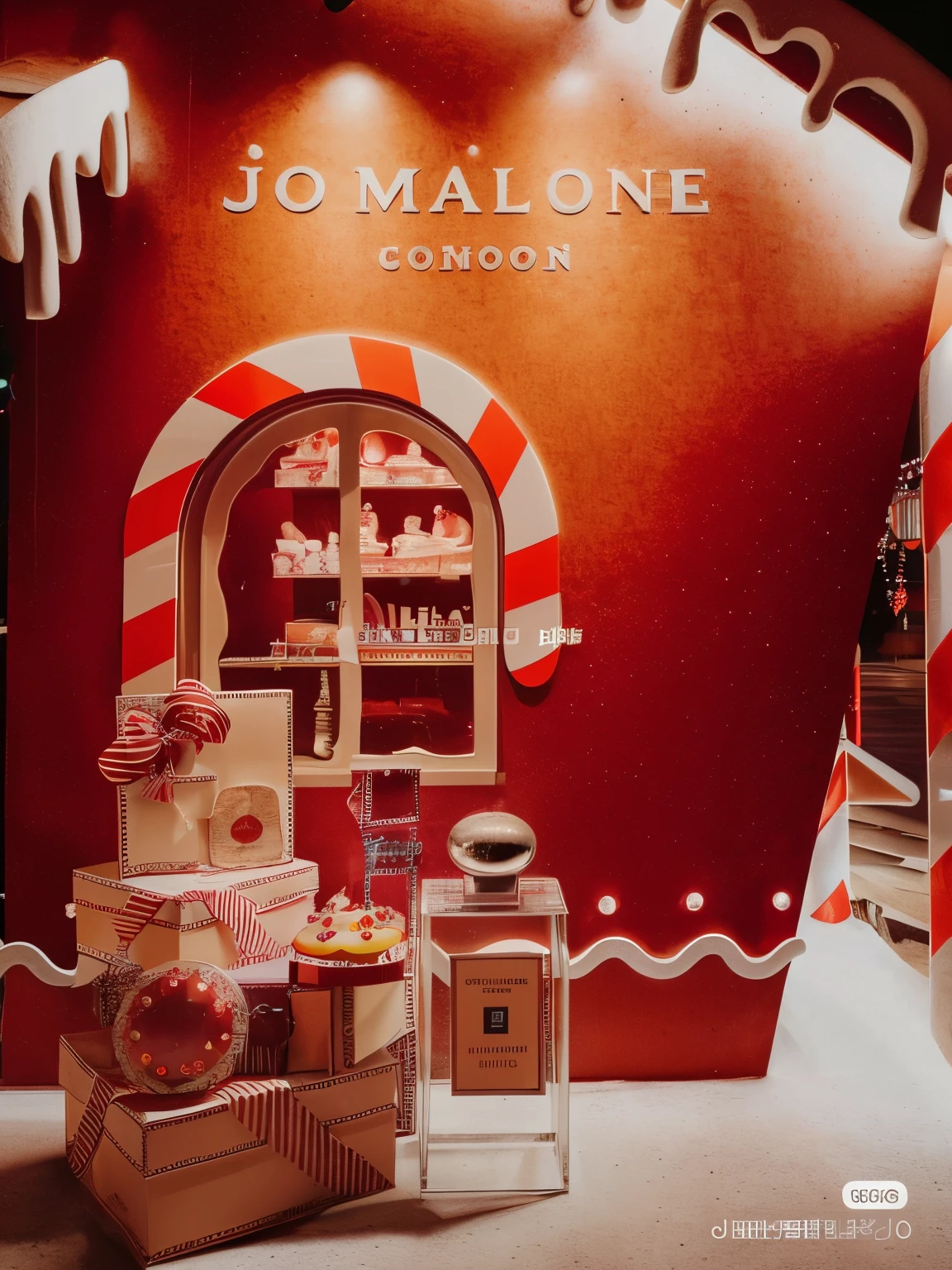 tmasterpiece，realisticlying，photorealestic，Best quality at best，超高分辨率，8k，Araf store window display with many Christmas decorations, ,  Inspired by Jose Malhoya, candy shop in a mall，A restaurant with a Christmas atmosphere on a snowy night，Warm colors，There are many children collecting gifts around a Santa Claus，There are parents eating inside，