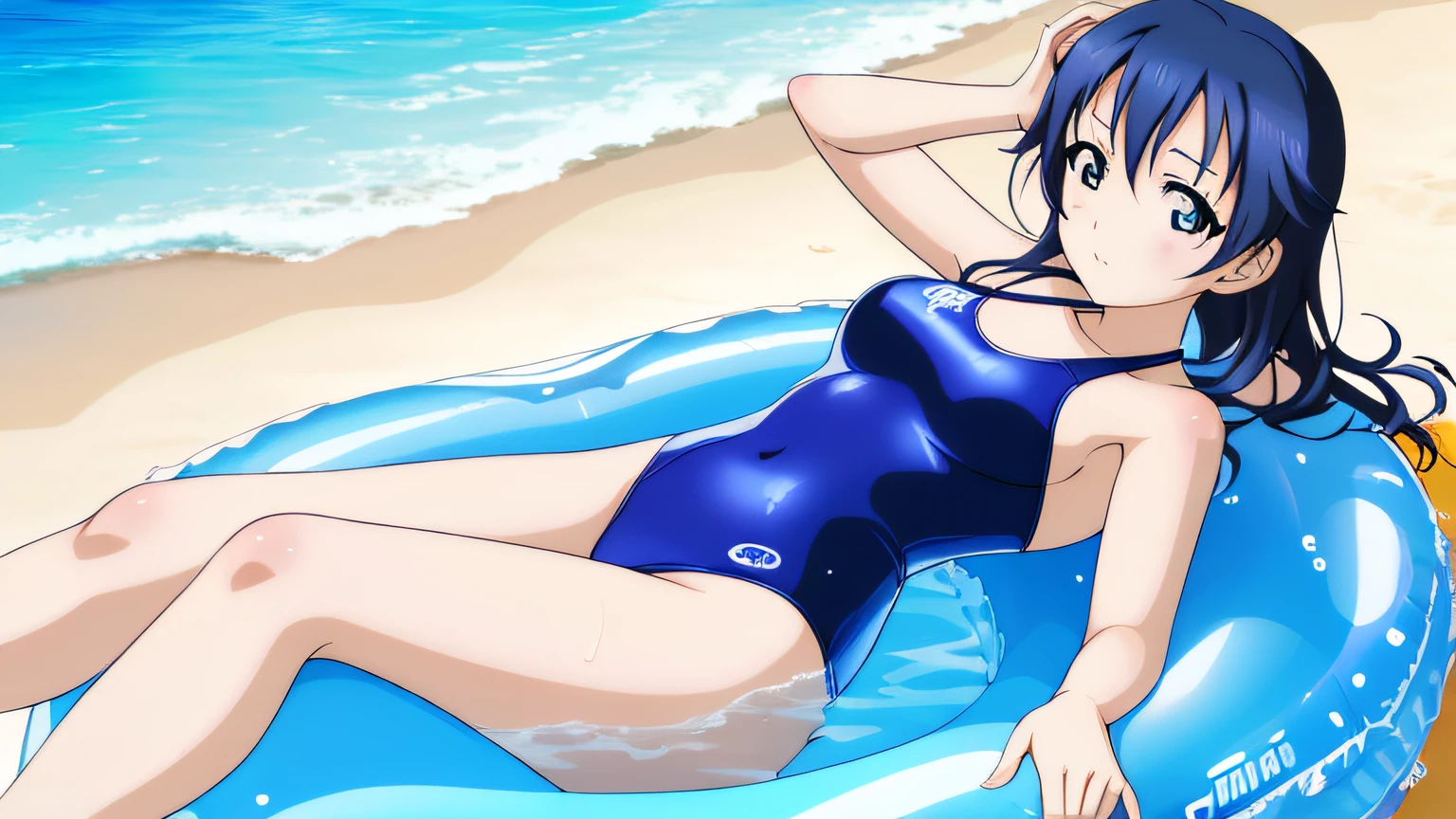 Anime girl in a swimsuit lying in a blue inflatable pool, realistic bikini, Swimsuit, Wet swimsuit, Smooth Anime CG Art, wearing a swimming wear, swim wears, monokini, Wallpaper Anime Blue Water, in retro swimsuit, Seductive Anime Girl, beautiful alluring anime woman, Makoto Shinkai and ArtGerm, swimsuit model, beautiful alluring anime teen