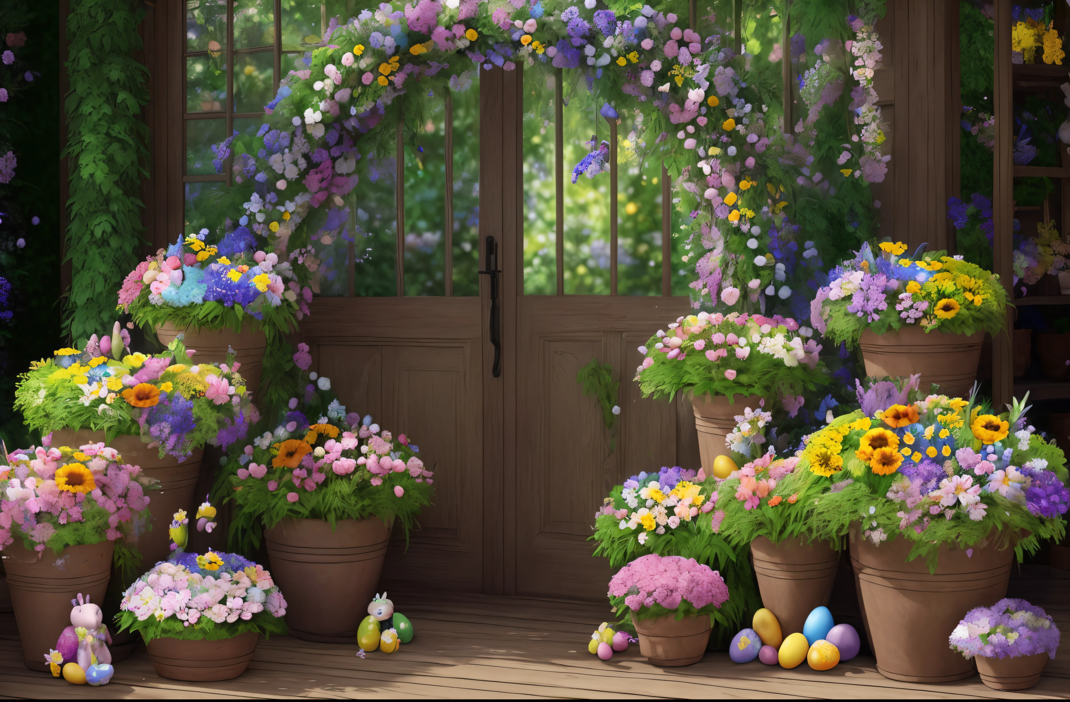 (Best quality at best,4K,8K,A high resolution,tmasterpiece:1.2),ultra - detailed,(actual,realisticlying,Photorealistic:1.37),Colorful flowers,floral environment,Decorate with colorful flowers and plants,floral decorations,Spring blossom season,magical rainbow flower,spring themed,illustratio,flower explosion,The breath of spring,Abundance of flowers and plants,nature and floral aesthetics,decorated with flowers,Flower explosion,magical scenery,pay homage to nature,dream garden scenery,flower shop scene,Easter