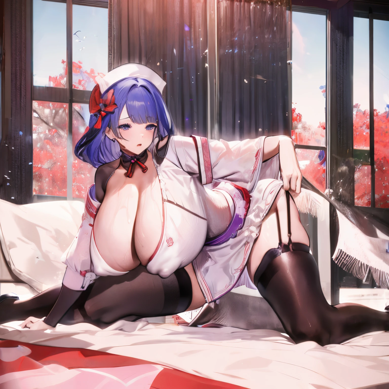 Raiden general, Large breasts, Large breasts(1.4), Breast areola,Huge cleavage(3.0),Shabby nurse uniform(1.6),kneeling on a bed,shyexpression