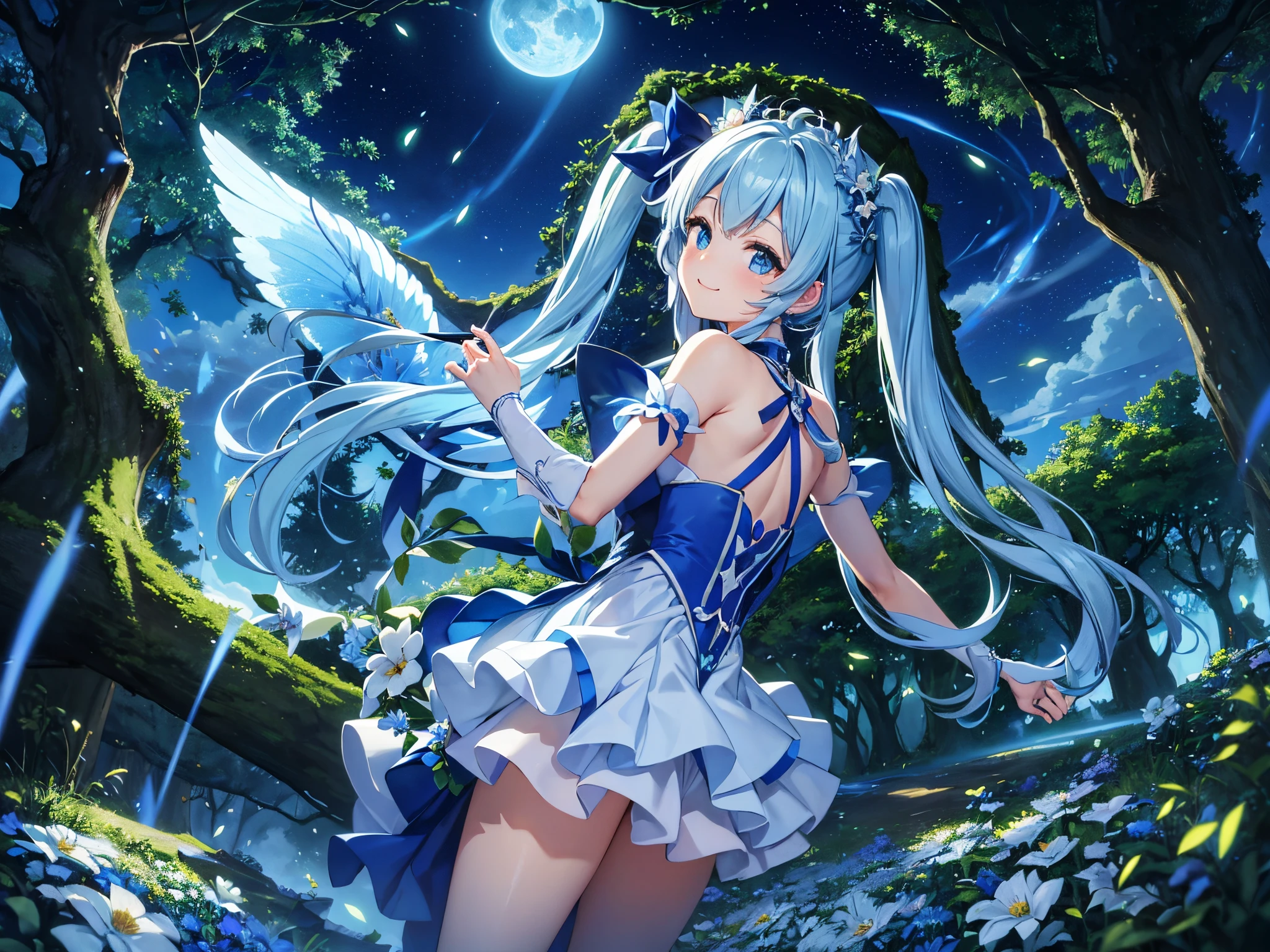 Dynamic Angle、 within a magical forest, a mystical fairy girl emerges, Light blue long hair、Hairstyle is Twintails、adorable smiling、Moonlight twinkle, flower bloom、A big pure white owl is flying、、The tree々While flapping its wings in the sparkling fireflies, Many beautiful flowers are blooming、fantastic landscape、A sky full of stars twinkles、 Creating a field where dreams and reality intersect,