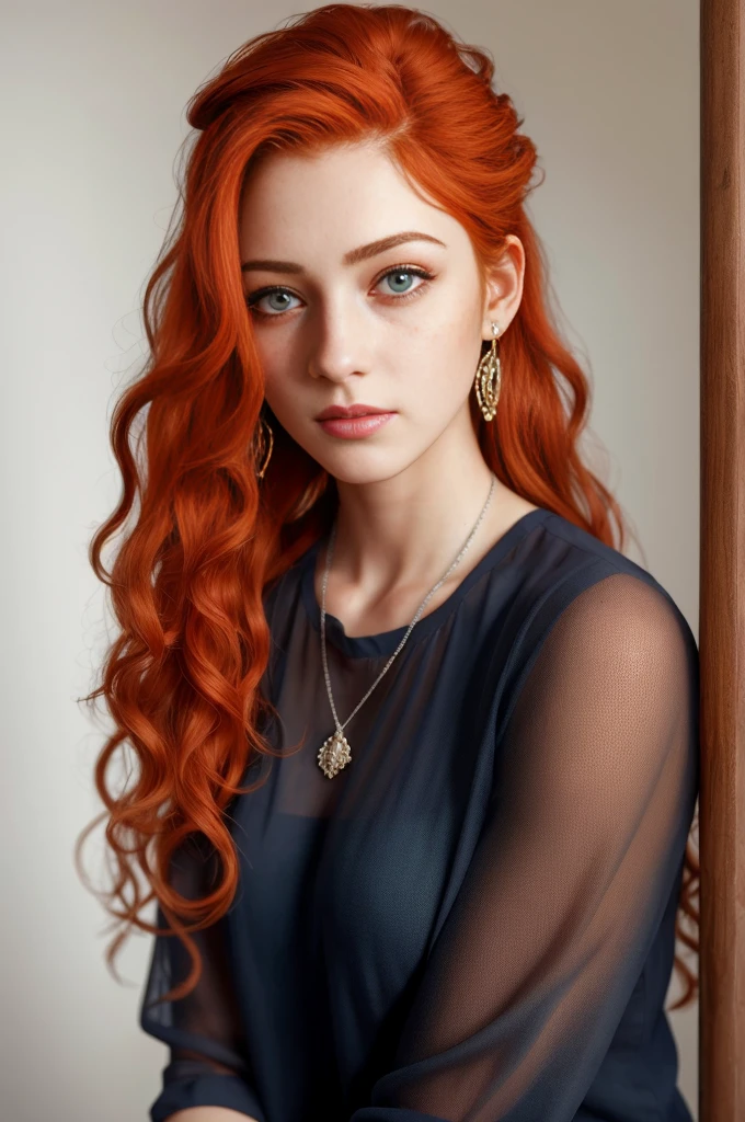 (8k, RAW photo, highest quality),(epic realistic:1.5), a girl, dynamic posture,erotic face, blouse,(detailed eyes:0.8),(looking at the camera:1.4), (highest quality), (best shadow),intricate details,cinematic,((skin:1.4)),interior, (long flowing ginger hair:1.3),dark studio,(hdr:1.5),detailed, muted colors, freckles, silver necklace, silver earring, long flowing wavy hair, smooth hair, hair down, hair pulled back