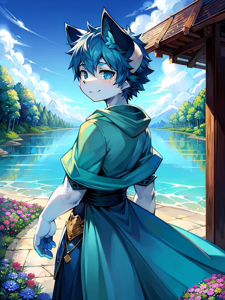 tmasterpiece, Superb work, In the daytime, En plein air, A sea of flowers on the other side,,blue color eyes,There are dark blue dragon horns on the head,back to look back,ssmile,goodness,seen from the front,There are blue butterflies around,short detailed hair,There are two long sections of hair on both sides of the hair,Blue and white cloak,1 boy,Cat Boy