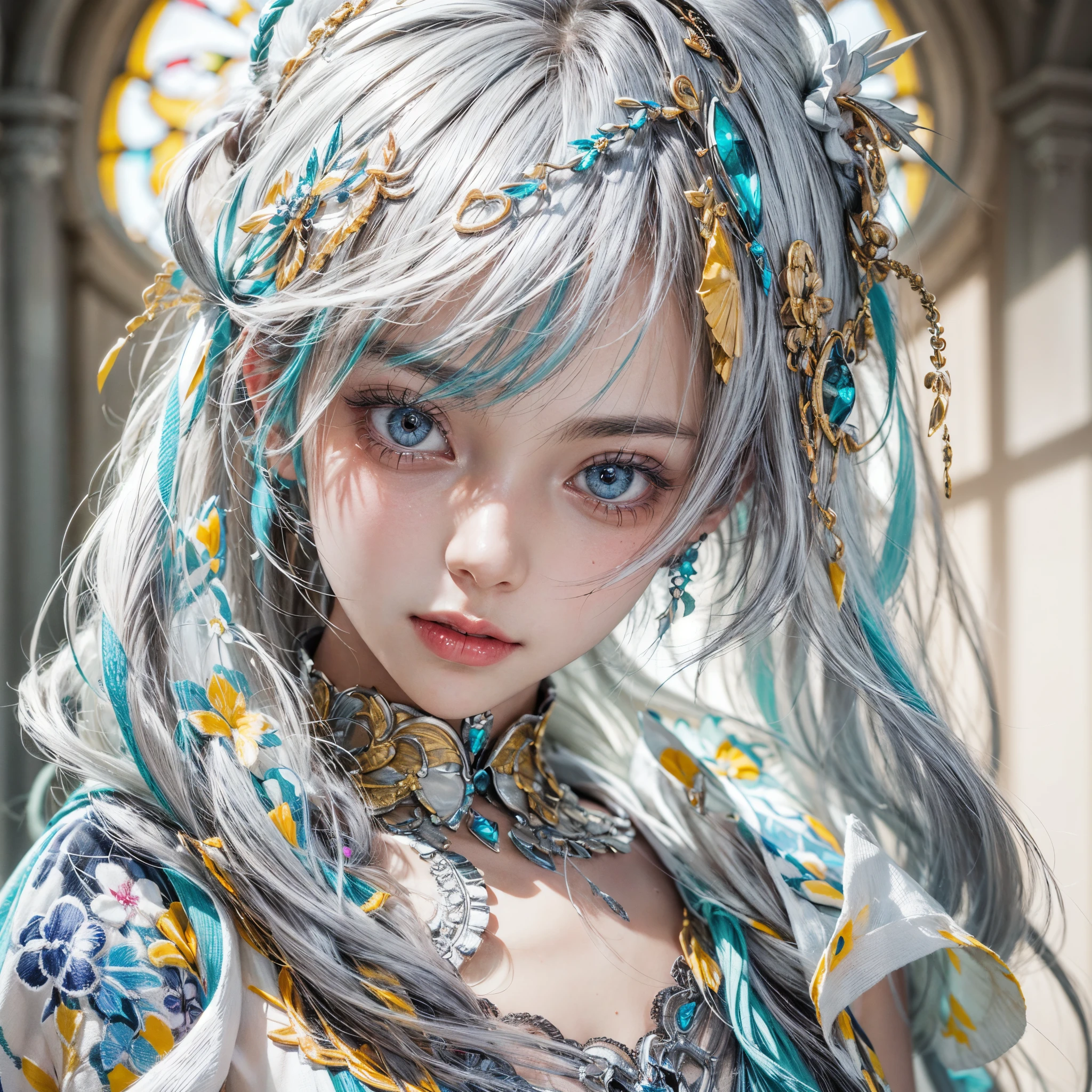 ( Masterpiece:1.25, exposed:1.2, White and vivid colors, navel), (sexy junior idol), ((face variations)), portrayed in the best quality and high resolution. The image should be ultra-detailed, realistic, and photorealistic with a touch of rawness. back lighting, colorful Light shines through delicate stained glass. The medium can be a combination of photography and concept art. The color tone should be vibrant and vivid, enhancing the overall visual impact. (Whole Body proportions and all limbs are anatomically accurate), (nipple:-0.9) .