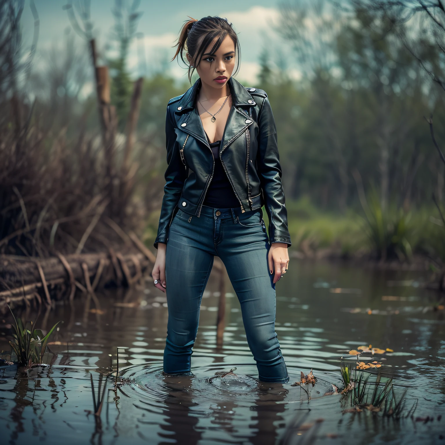 Caught off guard, Indulging your sexual fetish, drowned in a swamp. She looks around in bewilderment and fear. provocative pose, Breaking sexual taboos:1.5, Detailed clothing and face, modern look, TAGS: blurred background, (Flared jeans), leather jacket, in blouse wearing, Short hair gathered in a ponytail,