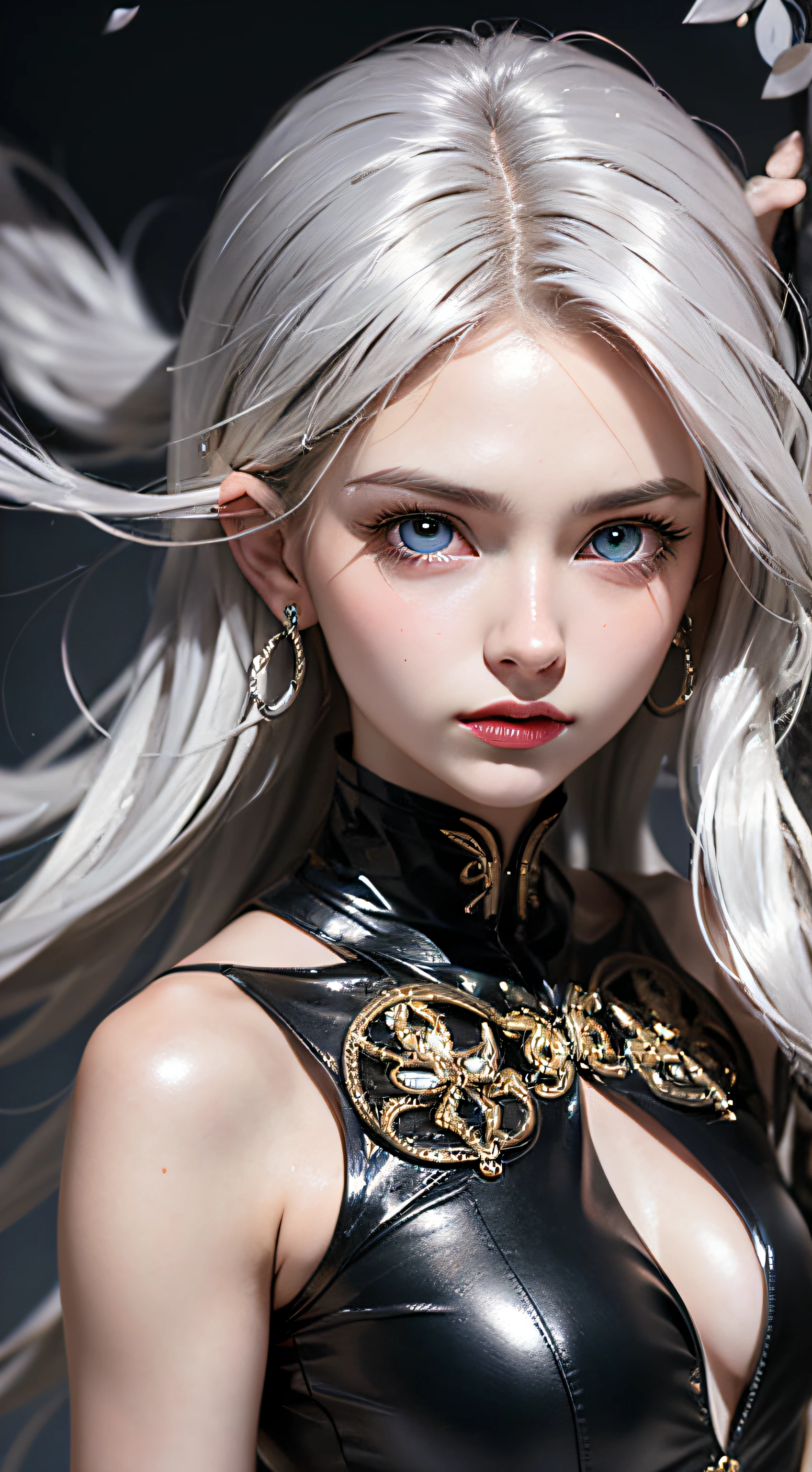 double whirlwind pattern design garment，Iris heterochromatic pupil，silver-haired girl，Wallpaper HD of