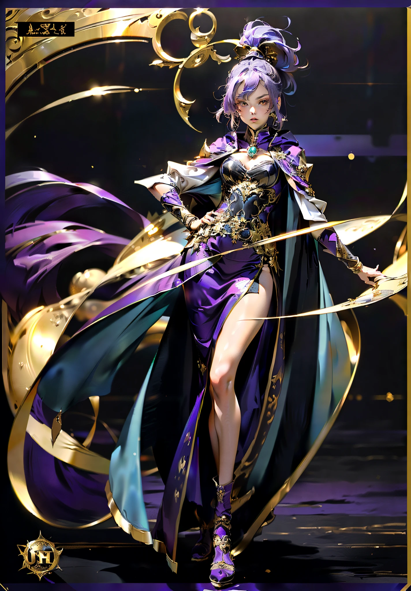 A beautiful young woman, long blue-purple hair, long bangs, ponytail, sharp gaze, a serious expression, a slender and athletic figure, a fantasy martial arts-style two-piece outfit, a fitted qipao-style long skirt, a blue-purple long cloak that almost covers her entire body, adorning her chest is an exquisite jade decorative brooch, purple mist swirls around her, a mysterious atmosphere, this character embodies a finely crafted fantasy martial arts-style female warrior in anime style, exquisite and mature manga art style, high definition, best quality, highres, ultra-detailed, ultra-fine painting, extremely delicate, professional, anatomically correct, symmetrical face, extremely detailed eyes and face, high quality eyes, creativity, RAW photo, UHD, 8k, Natural light, cinematic lighting, masterpiece-anatomy-perfect, masterpiece:1.5