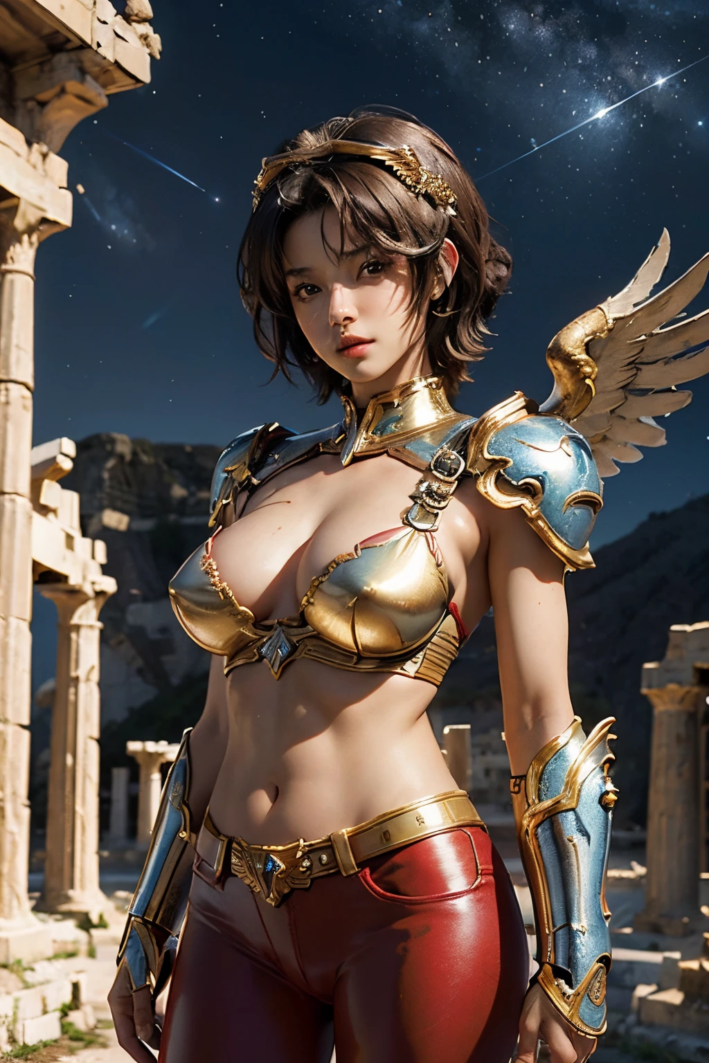 masterpiece, best quality, ultra high res, realistic skin texture, armature, (photorealistic:1.4), high resolution, raw photo, 1 girl, shiny skin, (detail skin:1.2), realistic skin texture, best lighting, wearing red pants, (perfect breast:1.3), sparkle, mecha armor, (short hair:1.2), (Pegasus Seiya:1.2), wearing a winged helmet, dramatic lighting, dynamic pose, (greek temple background:1.3), night sky, cosmos, milky way,