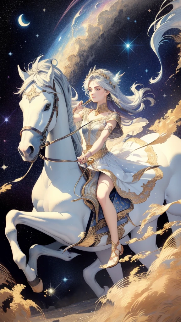 In a realm of pure enchantment and whimsy, a breathtaking scene unfolds between a captivating maiden and a majestic unicorn. The maiden, adorned in ethereal white gown, stands before the mystical creature with her arms outstretched, her eyes gleaming with wonder. Her long, golden locks cascade down her back, catching the light and shimmering like strands of silk.
The unicorn, a symbol of purity and magic, stands proudly before the maiden. Its coat, a radiant and mesmerizing shade of silver and white, glows under the soft, enchanted sunlight. Its graceful curves and elegant