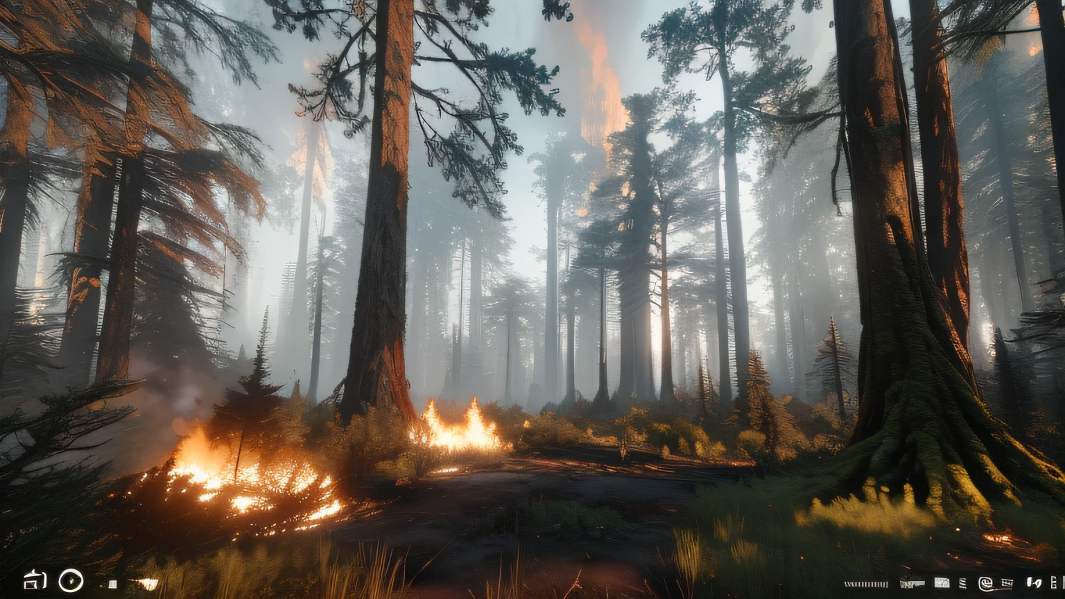 forest on fire foreground, There are dead trees behind,Sunnyday，become sunny, forest destroyed, Unreal Engine 5 environment, CG scene, dystopian gray forest background, highly detailed environments, endor forest, Cyberpunk Forest, game environment, hyper-realistic environment, From the horizon: praise, Return to the biome