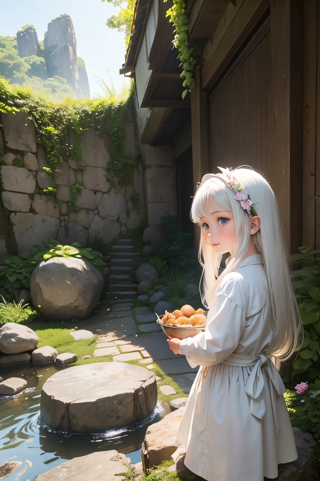 Background is the garden, a beautiful girl name is May, 8-year-old girl with blue eyes, long white hair, wearing a white tunic, On the waist there is a small bag, Queuing up with other kids, smilling face, angled from behind, Standing beside the large rock, Sitting eating a roast chicken