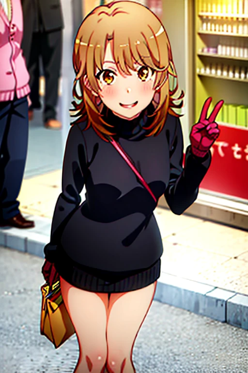 (isshikiIroha:1.5), ​masterpiece, top-quality, absurderes, 1girl, looking at the viewers, is standing, The upper part of the body, plein air, a street, city nigth, yuki, turtle neck, Pink sweater, evil smile, Black tights, leaning-forward, gloves, natta