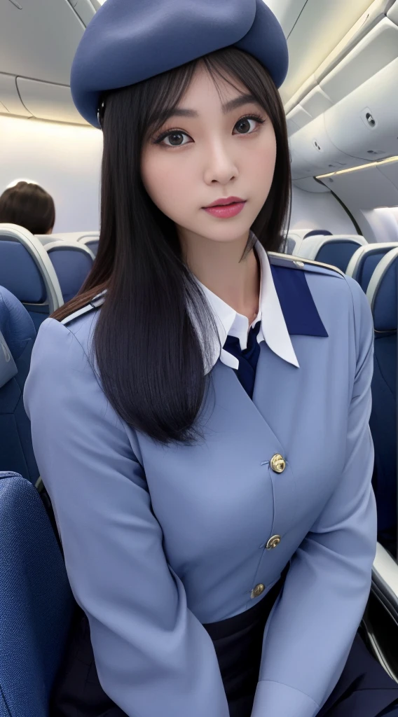 1Japanese woman, Solo, 30-years old, hyperdetailed face, Detailed lips, A detailed eye, Double eyelid both eyes, (Black bob hair, Like an airplane stewardess, Do a good job), (Like an airplane stewardess:1.2), (Do a good job:1.2), (Dark blue one-color stewardess uniform:1.4), (Wear a small brimmed stewardess hat:1.2), (Modest:1.2), Perfect image realism, Background with: (Business Class aisle on airplanes:1.2), Meticulous background, detailed costume, Perfect litthing, Hyper-Realism, (Photorealistic:1.4), 8K maximum resolution, (​masterpiece), Highly detailed, Professional