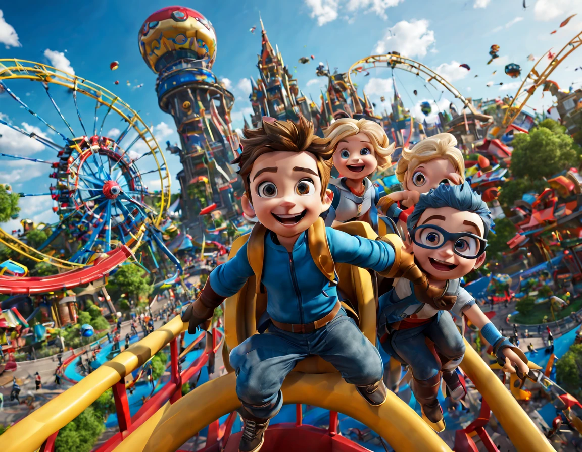 (superhero theme park), children having fun, happy, (best composition), ultra-wide-angle, octane render, enhance, intricate, (best quality, masterpiece, Representative work, official art, Professional, unity 8k wallpaper:1.3)