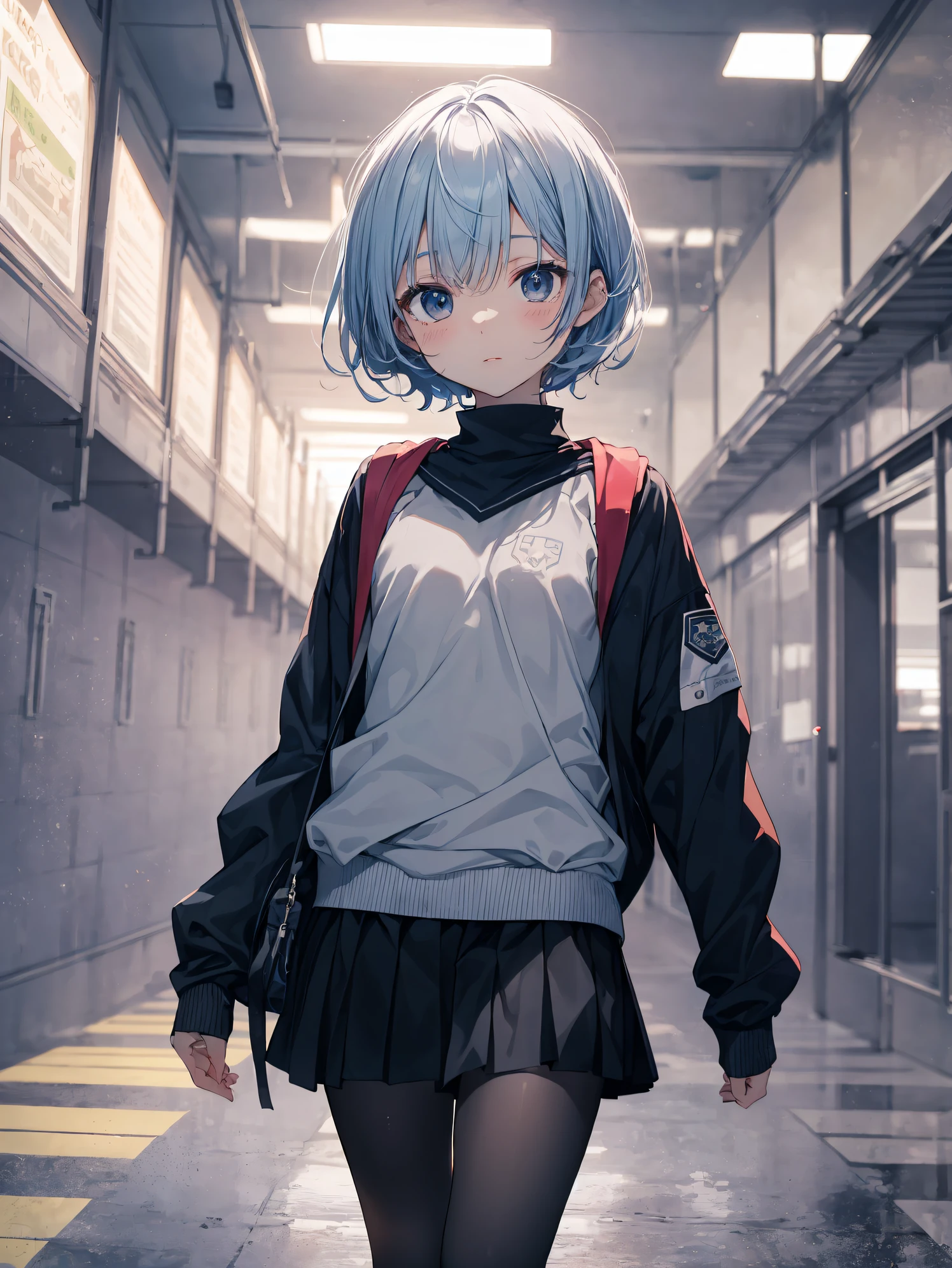 of the highest quality, anime moe art style,Best Anime 8K Konachan Wallpapers,Pixiv Contest Winner,Badass Anime 8K,Perfect Anatomy, (Draw a girl sleepily walking to school. ),BREAK, 1girl in, (Solo,Lori,child,13years:1.3),a junior high school student, Androgynous attraction, (Very short hair),hair messy, Full limbs, complete fingers,flat chest, Small butt, groin, Small eyes,Precise black eyes,disgusted eye, School uniform, Skirt,On the way to school. BREAK,Ultra-detailed,High resolution,super detailed skin, Professional Lighting, 8k eye details, (cool illustration:1.2),