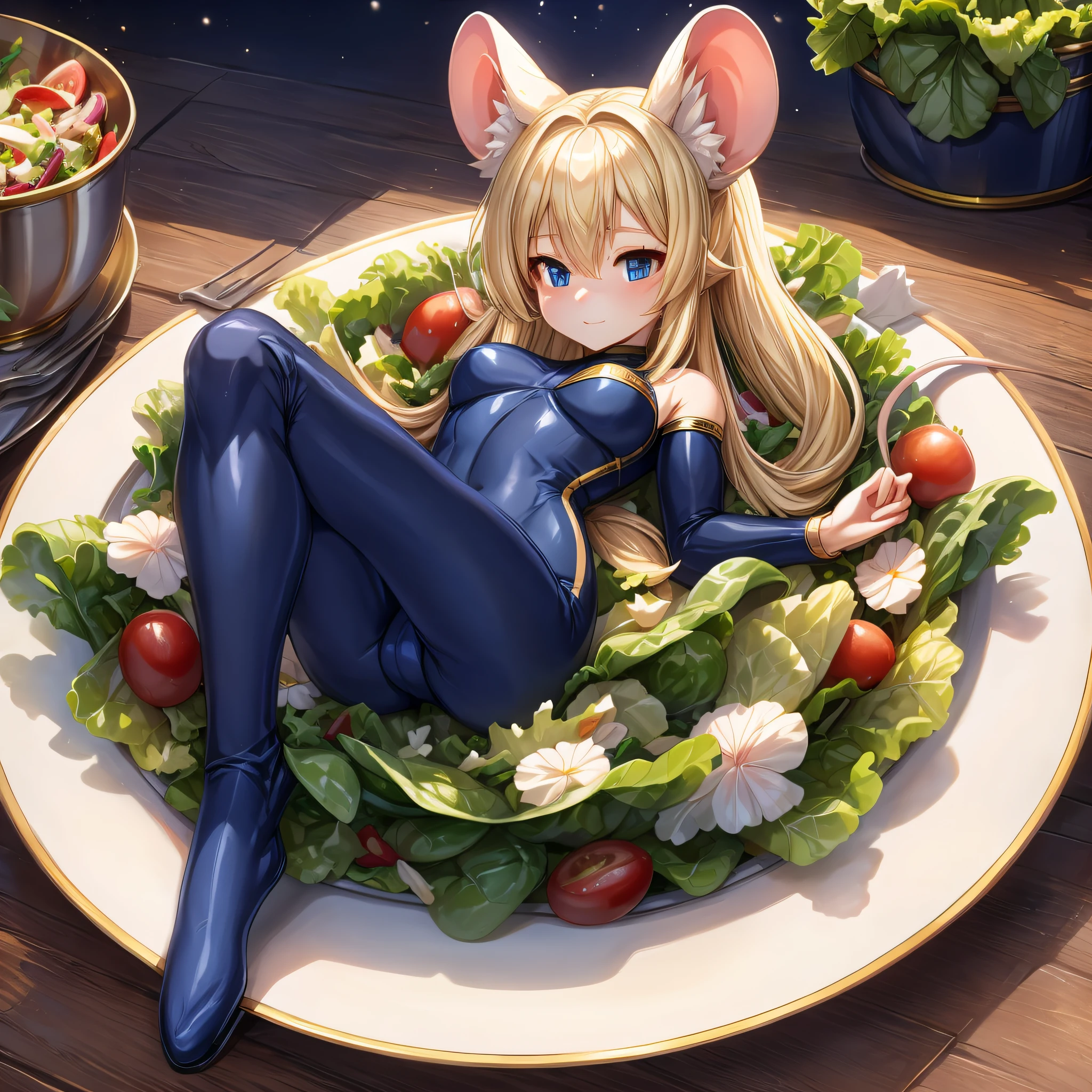 A tiny petite humanoid miniature girl with pale skin and long blonde hair and blue eyes and fluffy mouse ears and a fluffy blonde mouse tail and average breasts is laying on a giant plate of salad and lettuce. She is wearing a navy blue spandex bodysuit with gold trim.