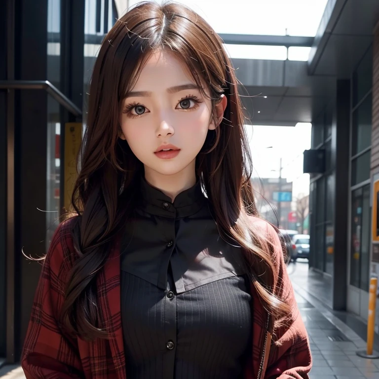 use exactly the same facial feature, hair and head as the previous prompt. use exactly the same attire, but this time she is solo and wear outerwear like blouse.
