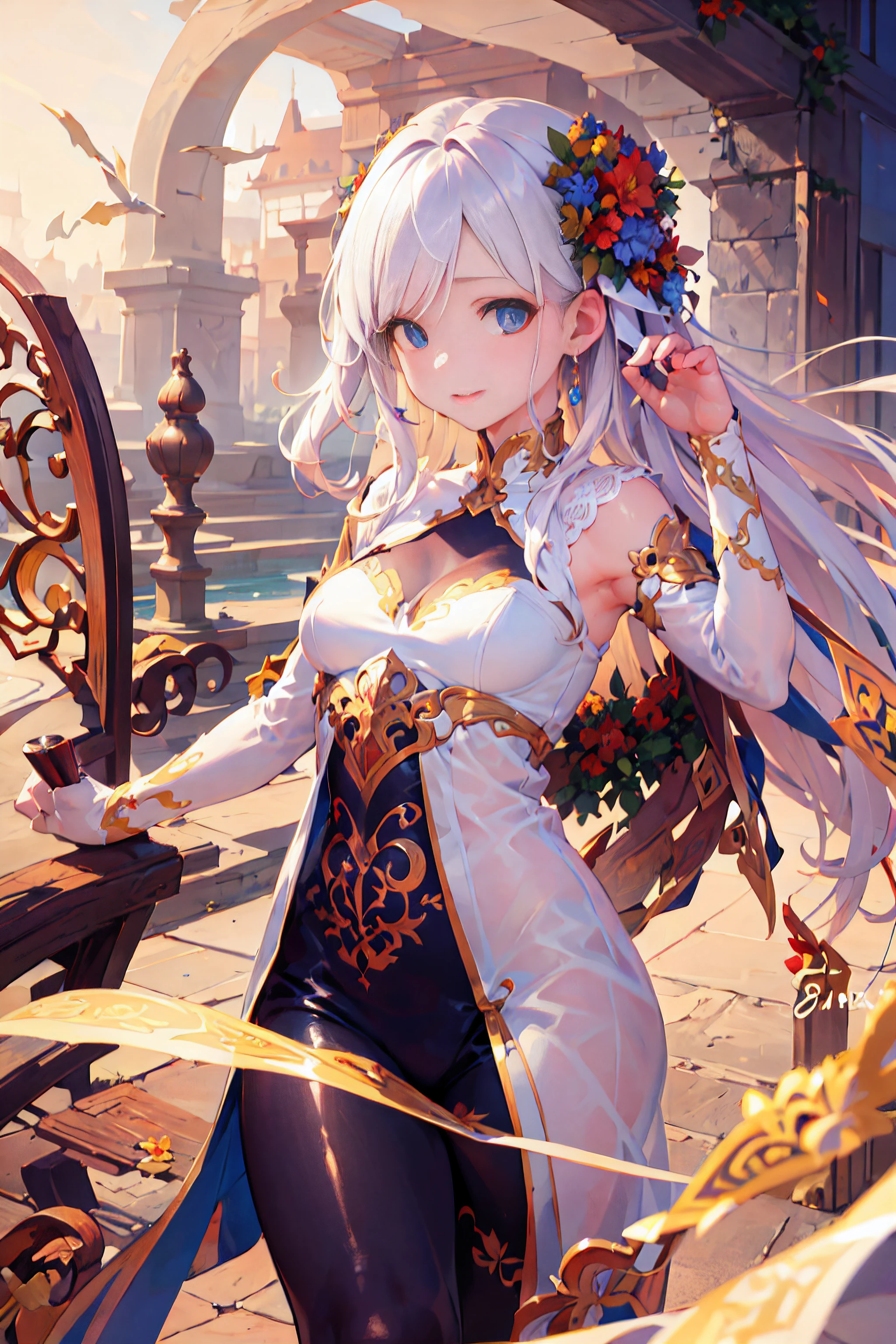 beatiful detailed eyes、A charming smile、Flowing hair、confident facial expression、vivd colour、Warm lighting、Soft skin texture、hight resolution、Realistic style、finely detail、Fantastic background、Artistic brush strokes、a captivating gaze、Elegant Pose。