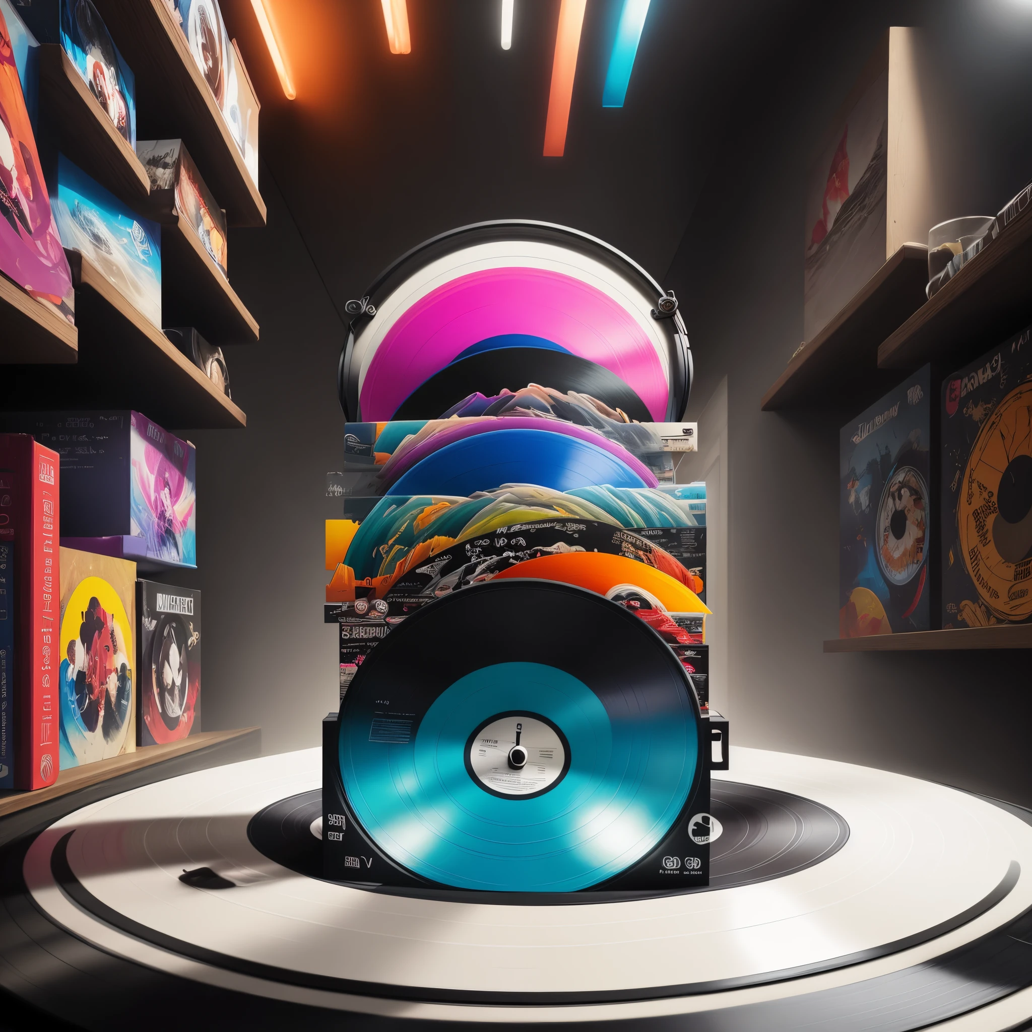 Volumetric, vibrant, abstract, vinyl record stack, art photography
