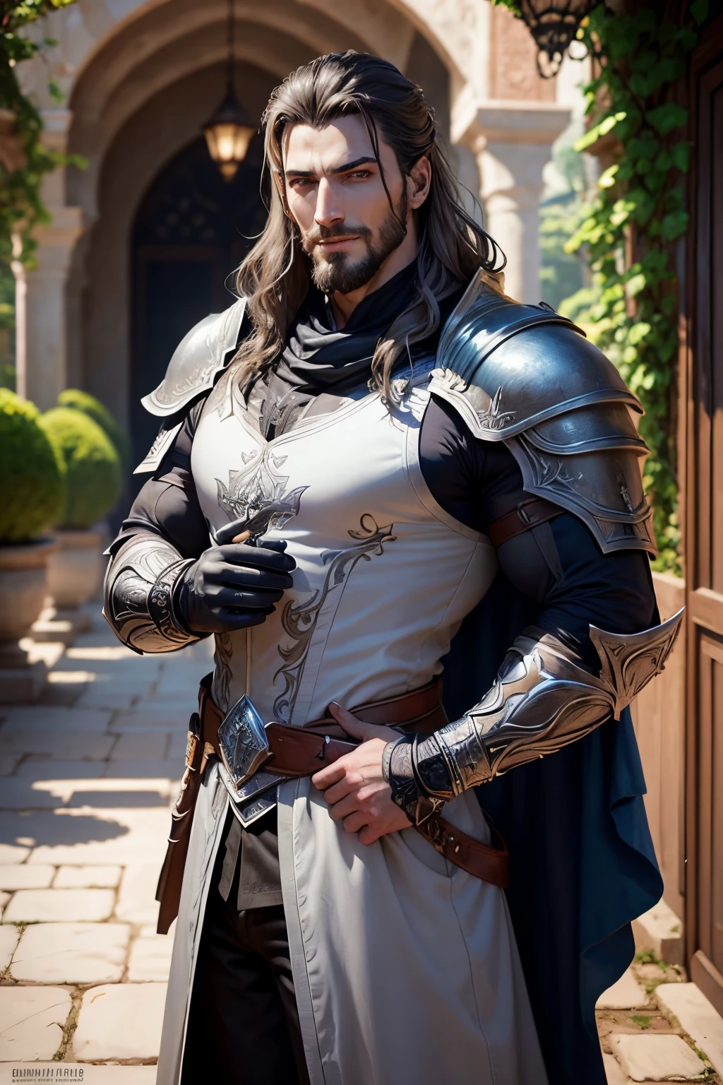 Background is the Garden, 1 men, Style argile grise,(Masterpiece, Best quality), niveaux de gris,zbxr, Castlevania Lord of the shadows muscular full moroccan Armor leather Armor , yeux blancs, Whitebeard, The smiling face narrowed his eyes, Posting, Flattering expression