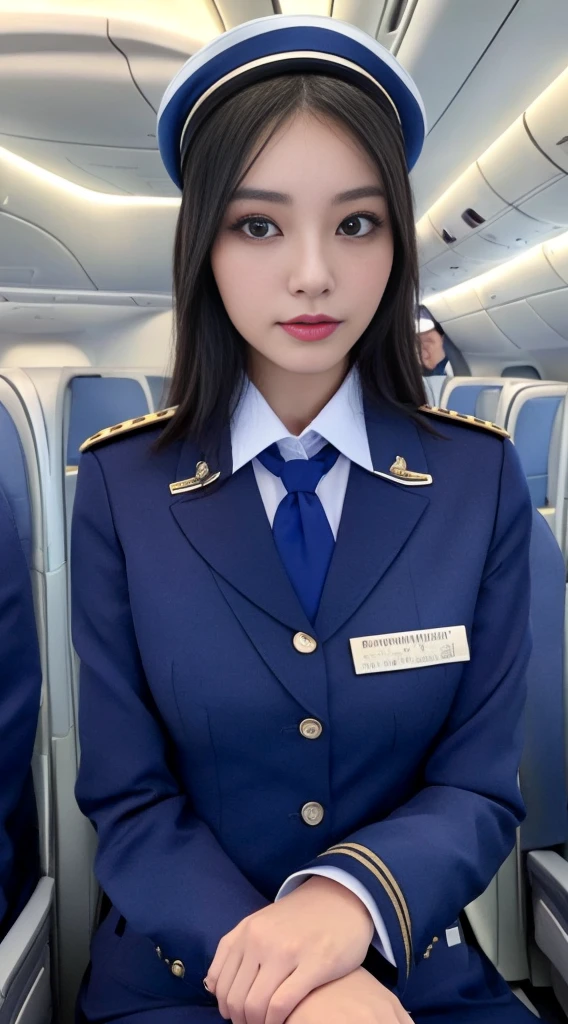 1Japanese woman, Solo, 30-years old, hyperdetailed face, Detailed lips, A detailed eye, double eyelid eyes, (Black bob hair, Like an airplane stewardess, Do a good job), (Like an airplane stewardess:1.2), (Do a good job:1.2), (Dark blue single color stewardess uniform:1.4), (wear a stewardess hat with a small brim:1.2), (Modest:1.2), Perfect image realism, Background with: (Business Class aisle on airplanes:1.2), In-depth background, detailed costume, Perfect litthing, Hyper-Realism, (Photorealistic:1.4), 8K maximum resolution, (​masterpiece), Highly detailed, Professional