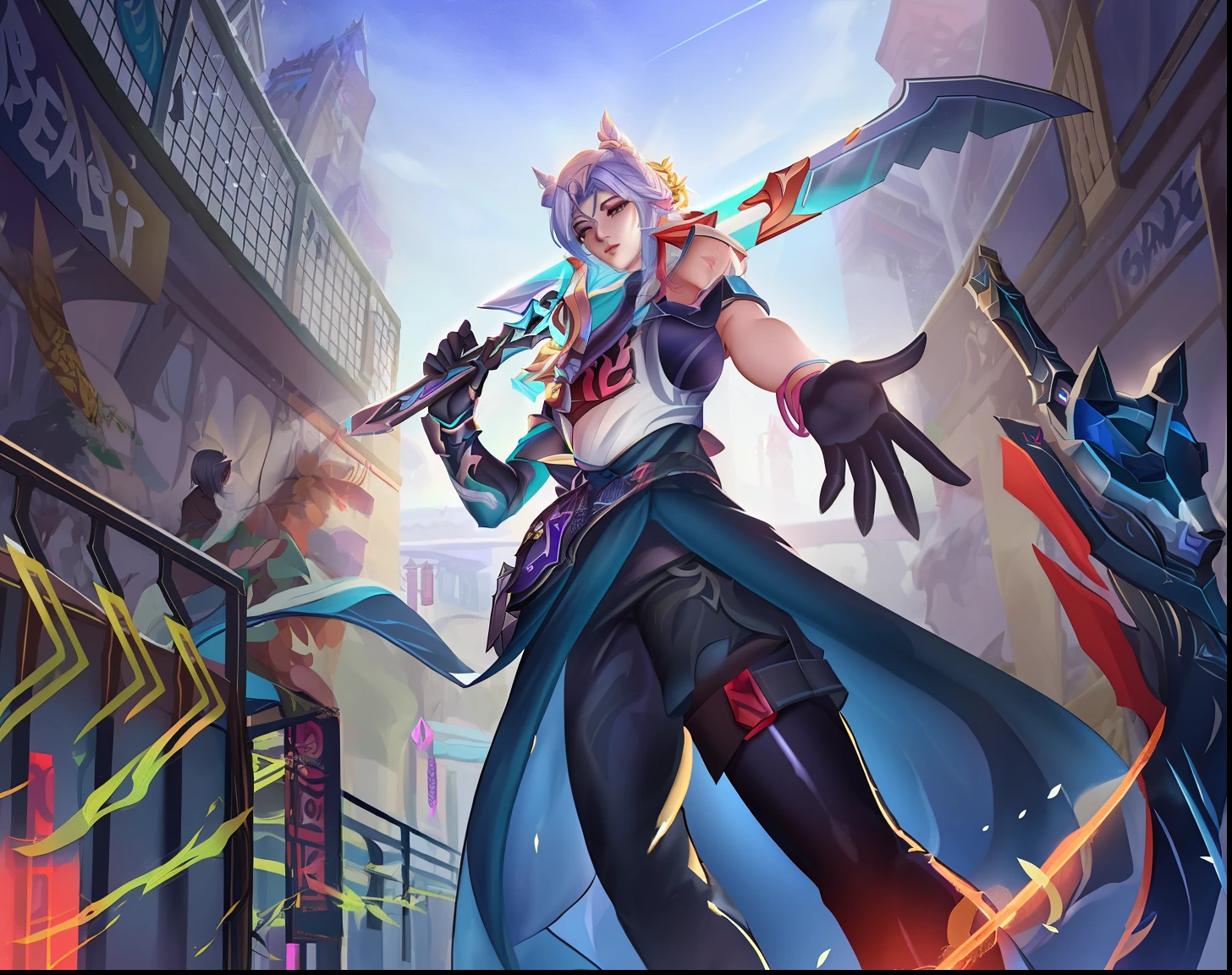 a woman in a long dress holding a sword and a sword, keqing from genshin impact, hero pose colorful city lighting, league of legends character, zhongli from genshin impact, by Yang J, ahri, freya, kda, style league of legends, riven, ashe, from league of legends, inspired by Jang Seung-eop