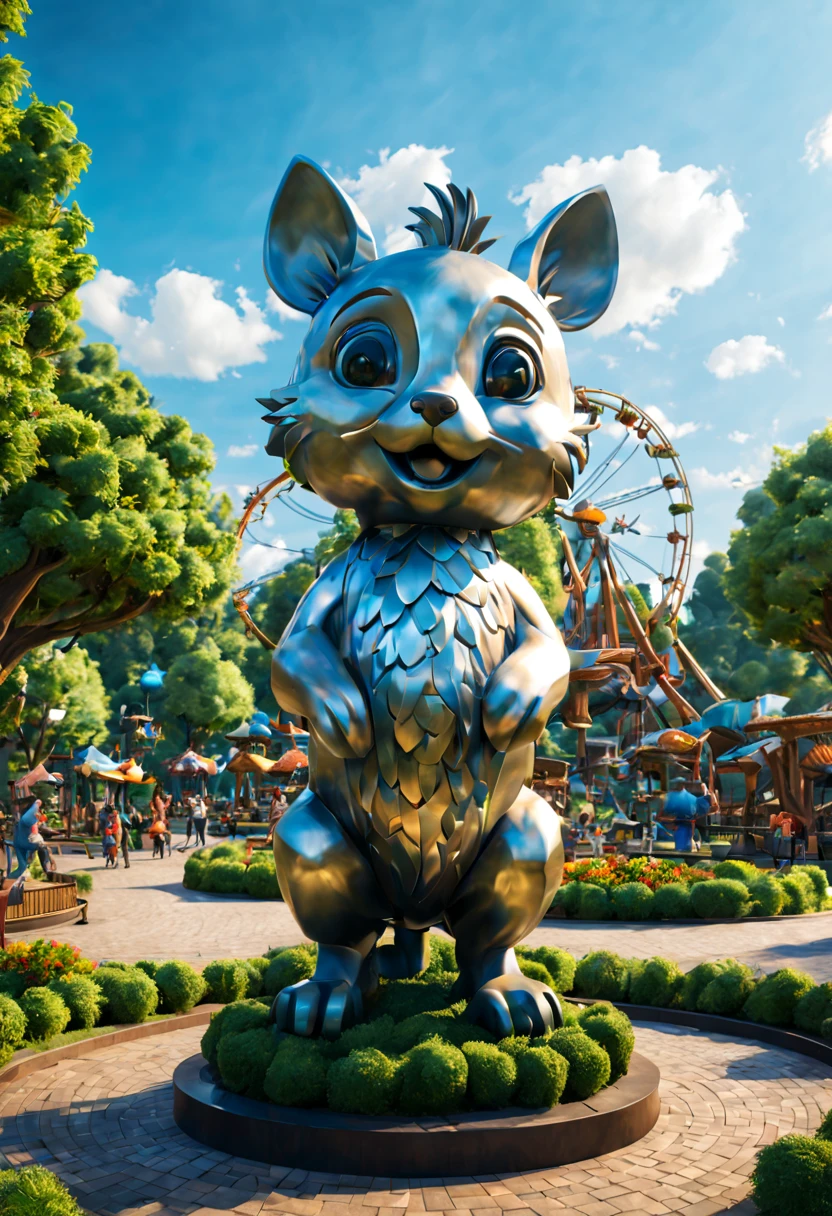 (nature theme park), Metal cute animal sculpture in park square, lovely community, Peaceful, Happy, (best composition), ultra-wide-angle, octane render, enhance, intricate, (best quality, masterpiece, Representative work, official art, Professional, unity 8k wallpaper:1.3)