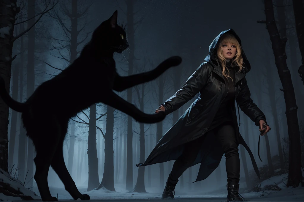 Classic horror painting. Blonde woman with angular face and piercing blue eyes, wearing a bulky old-style hooded parka, running in fear toward the viewer through a snow storm in a birch forest at night. BREAK. One ten-foot-tall shaggy black cat with fiery eyes leaps after her.