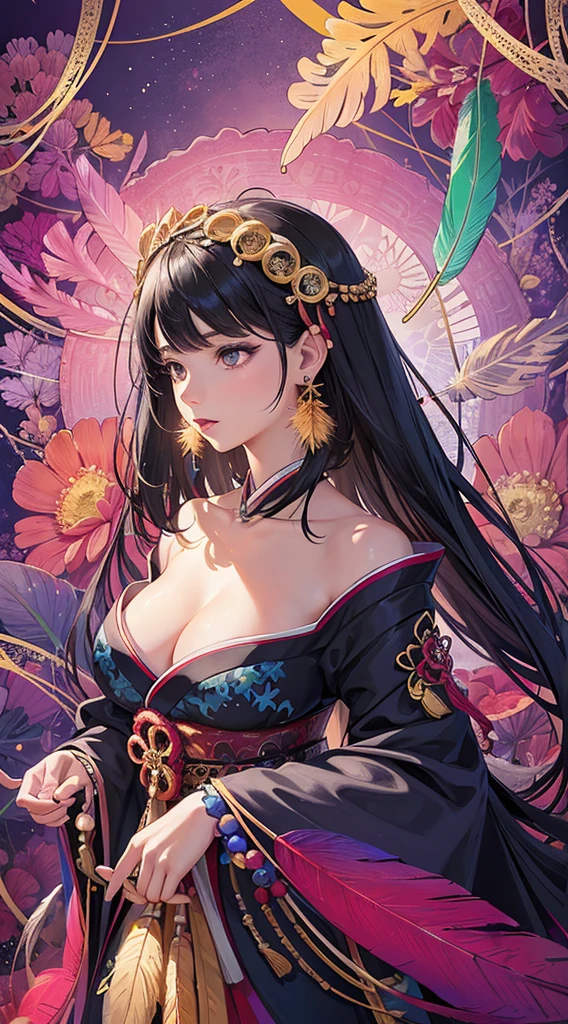 Female with medium breasts, slim body, show cleavage, bare shoulders, black hair, colored flowers, particles, light rays, light painting, (masterpiece, top quality, best quality, official art, beautiful and aesthetic:1.2), (1girl:1.3), extremely detailed,(fractal art:1.1),(colorful:1.1)(flowers:1.3), highest detailed,(zentangle:1.2), (dynamic pose), (abstract background:1.3), (shiny skin), (many colors:1.4), (earrings:1.4), (feathers:1.4), (Japanese traditional dress:1.2), (shiny skin), (many colors:1.4), (earrings:1.4), proper eyes. proper finger.